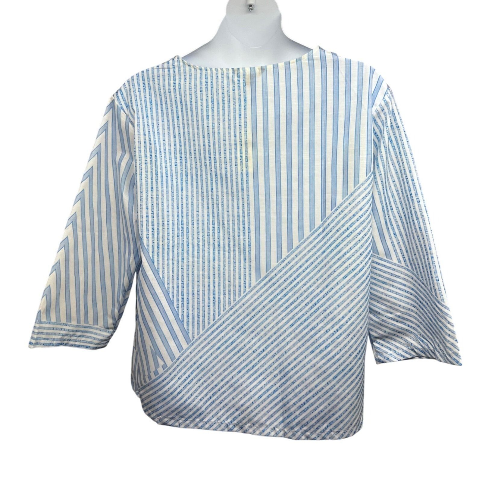 Designer Womens Blue White Striped Pullover V-Neck Boho Shirt Top XL Size XL / US 12-14 / IT 48-50 - 2 Thumbnail