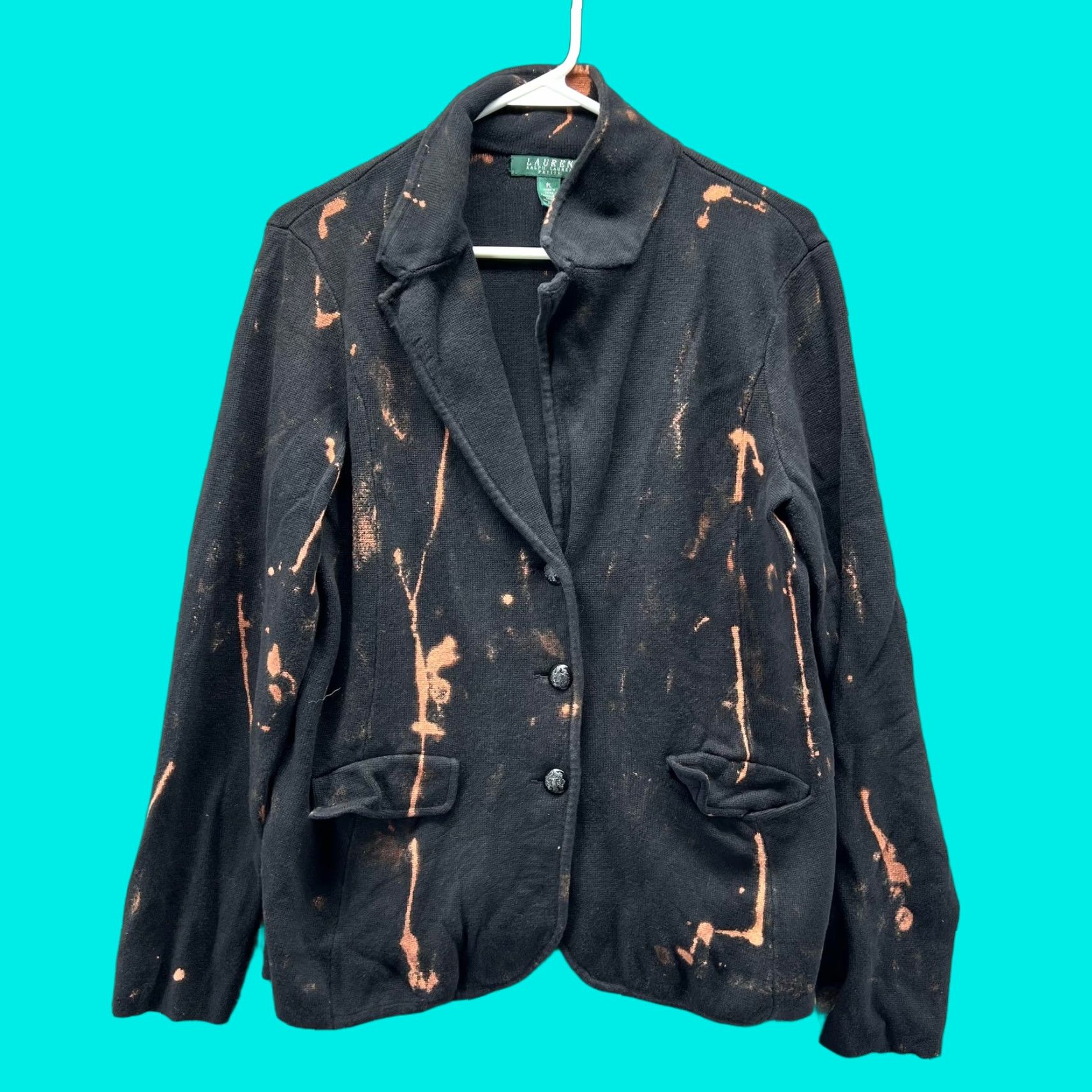 Ralph Lauren VINTAGE Lauren Ralph Lauren Blazer Womens Petite Large Black Knit Bleach Stain Jacket Size L / US 10 / IT 46 - 1 Thumbnail