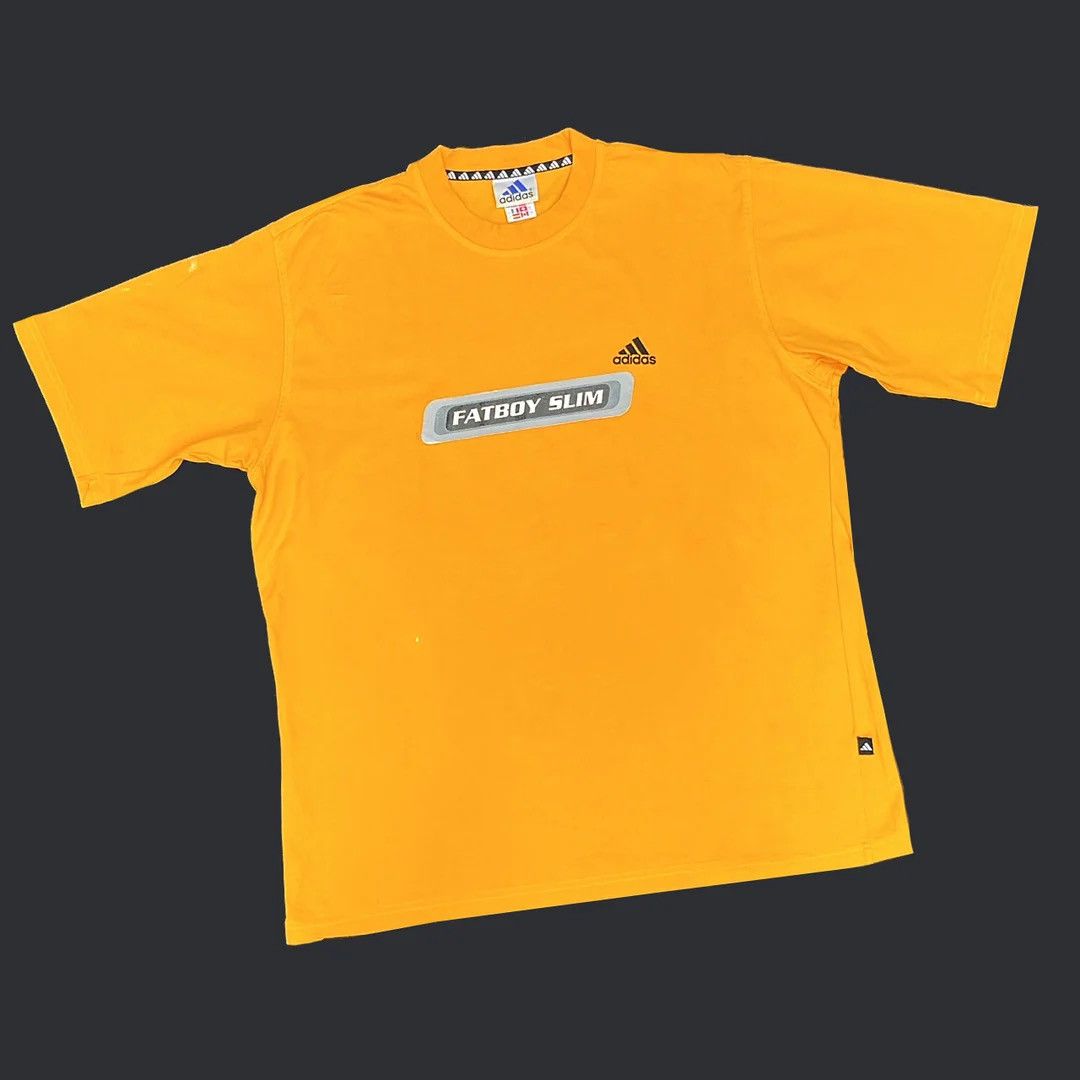 image of Fatboy Slim 90's Adidas VTG Graphic Logo Band Concert T-Shirt in Yellow, Men's (Size XL)