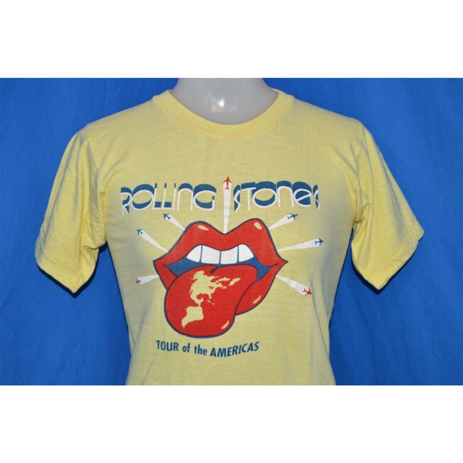 image of Vintage 70's Rolling Stones 1975 Tour Of The Americas Rock Yellow T-Shirt Xs in White, Men's