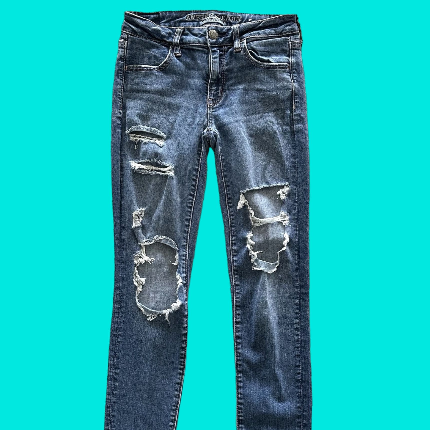 American Eagle Outfitters American Eagle Outfitters Jegging Jeans Womens 4 Long 27x30 Distressed Stretch Blue 60% Cotton Size 27" / US 4 / IT 40 - 1 Thumbnail
