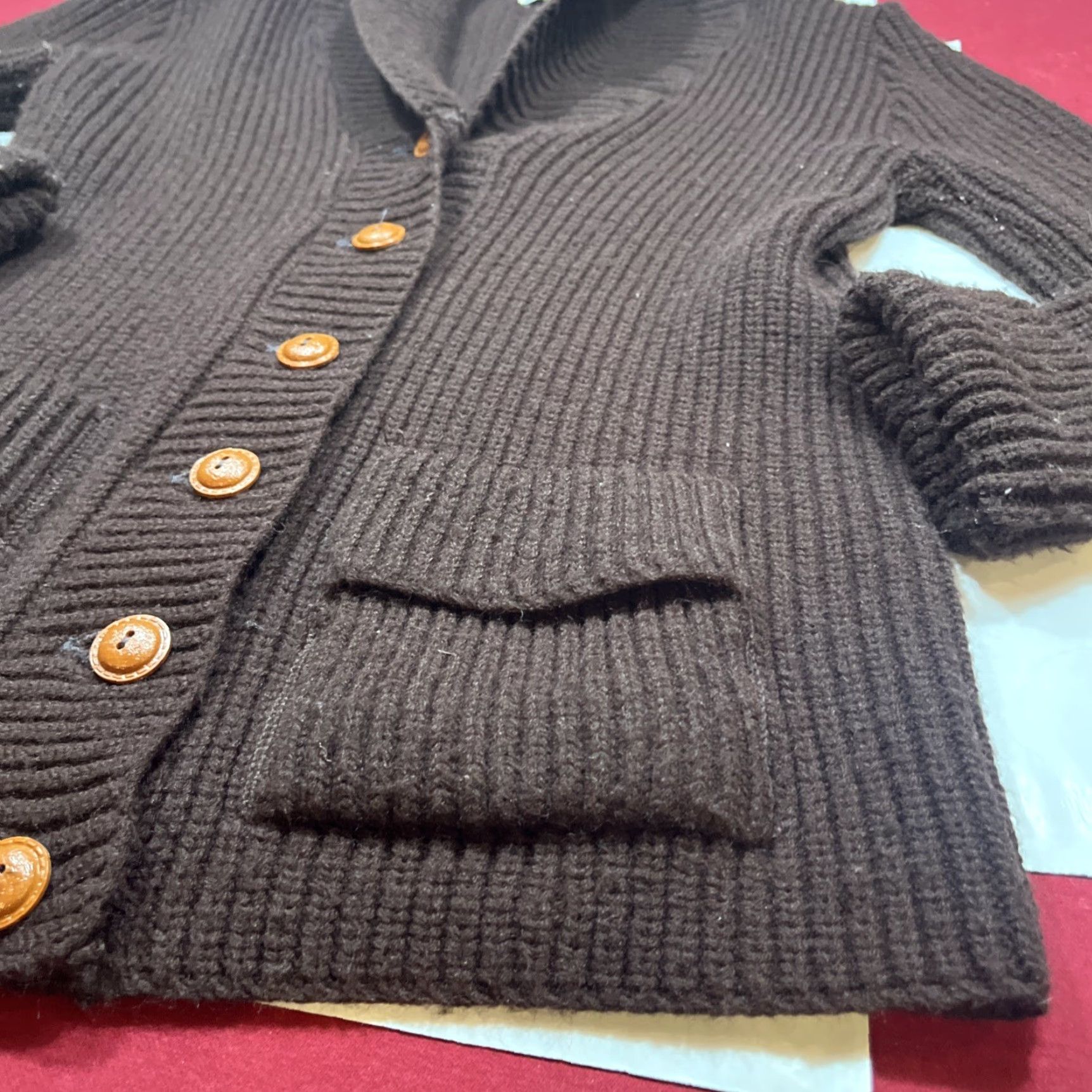 Vogue VINTAGE British Vogue Wintuk Cardigan Brown Chunky Knit - Button Front Pockets Cowl Neck L Womens Sweater Shirt (70’s) Size L / US 10 / IT 46 - 4 Thumbnail
