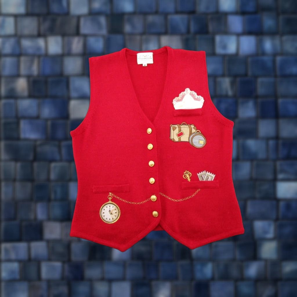Vintage VINTAGE Susan Bristol Embroidered Pocket Watch Sweater Vest Shirt Womens M Red 90s Knit Cotton Embroidered Vest 90s Womens Vintage 1992 Size M / US 6-8 / IT 42-44 - 1 Thumbnail