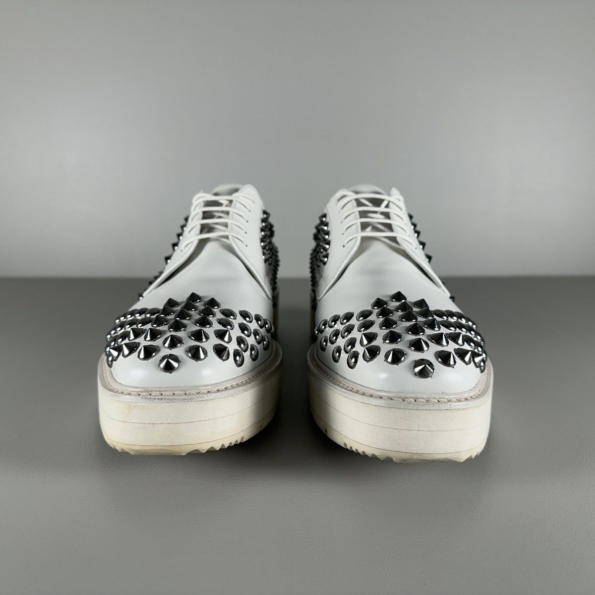 Designer × Prada Iconic PRADA White Spikes Studded Platform Oxfords Size US 11.5 / EU 44-45 - 3 Thumbnail