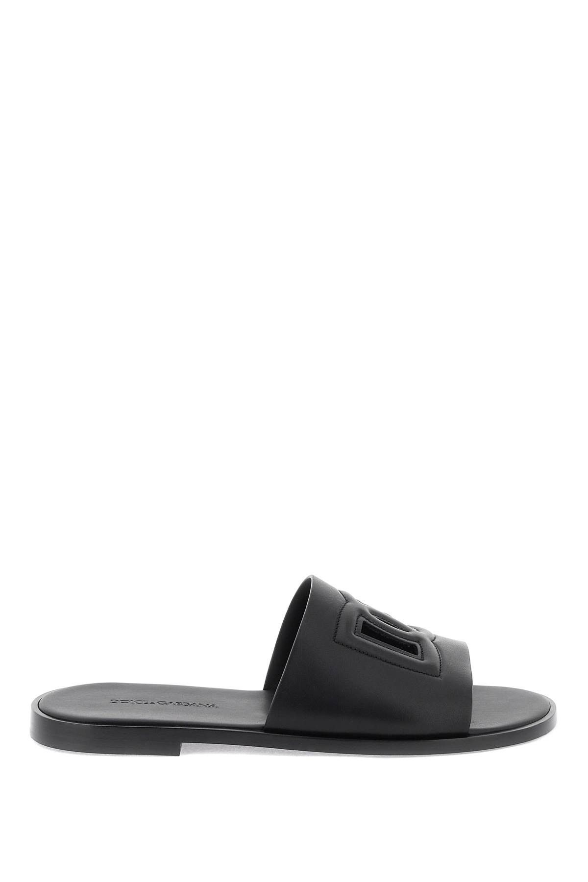 image of Dolce Gabbana Leather Slides With Dg Cut-Out in Nero, Men's (Size 10)