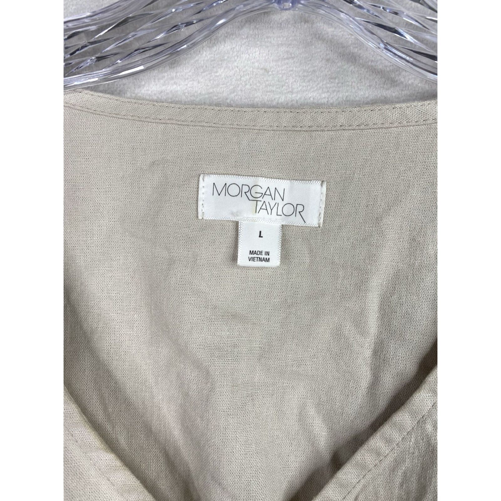Vintage Morgan Taylor Dress Womens L Beige Linen Blend Elastic Waist Tie V Neck Midi Shirt Size L / US 10 / IT 46 - 3 Thumbnail
