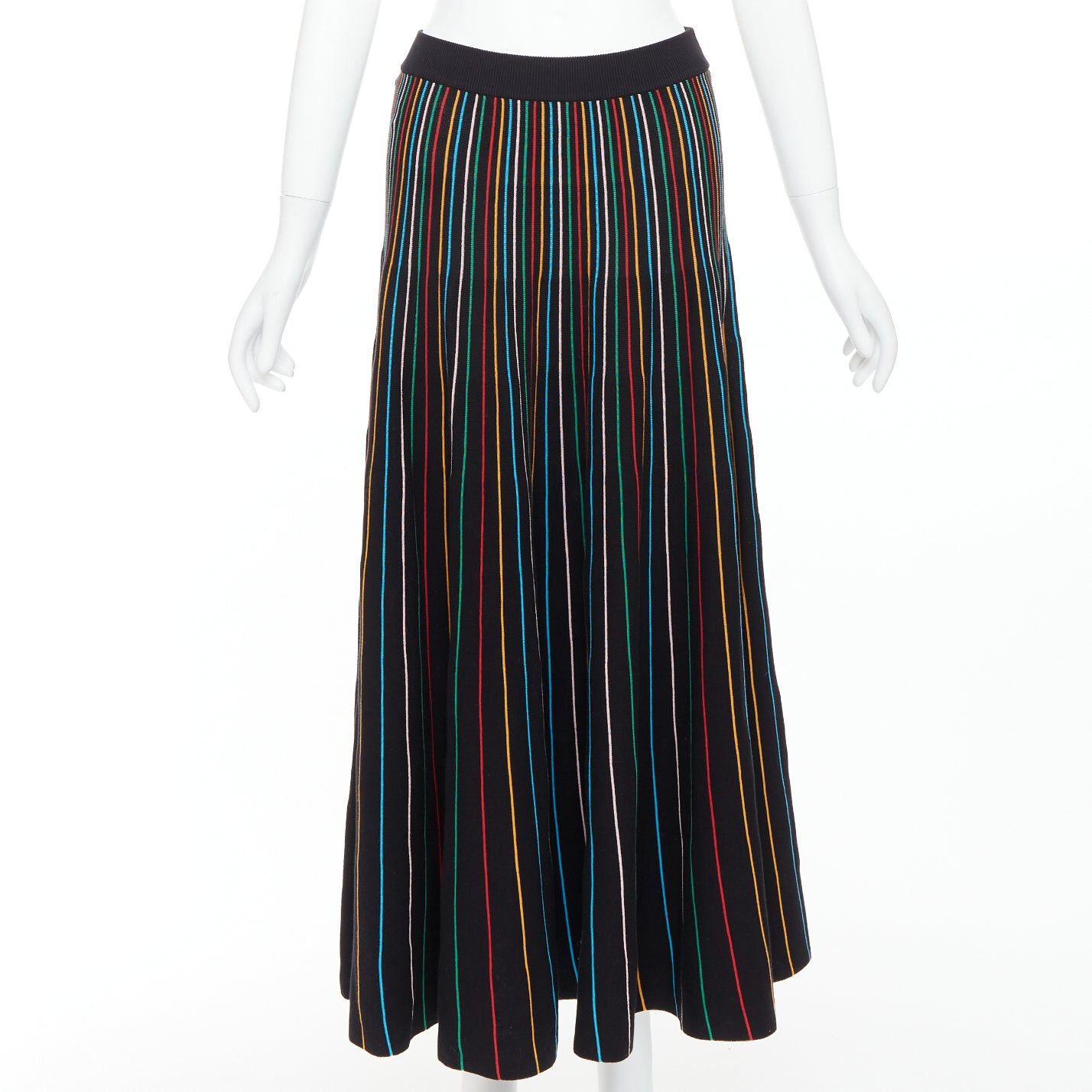 RED Valentino RED VALENTINO black rainbow stripe cotton blend knitted midi skirt S Size 27" / US 4 / IT 40 - 1 Thumbnail