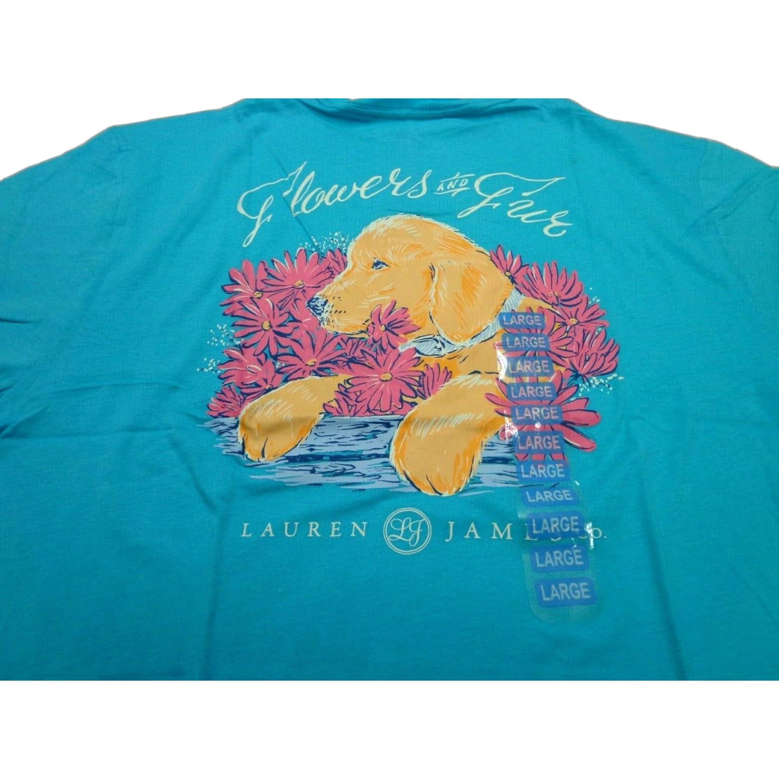 Vintage Lauren James Women's Shirt Puppies Flowers & Fur Pocket Graphic Crew Neck Short Sleeve Blue LARGE NWT Size L / US 10 / IT 46 - 1 Thumbnail
