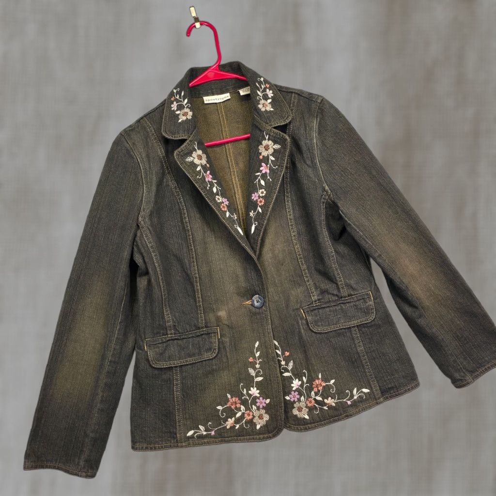 Apostrophe Women's 12P Green Denim Jacket Floral Embroidered Boho