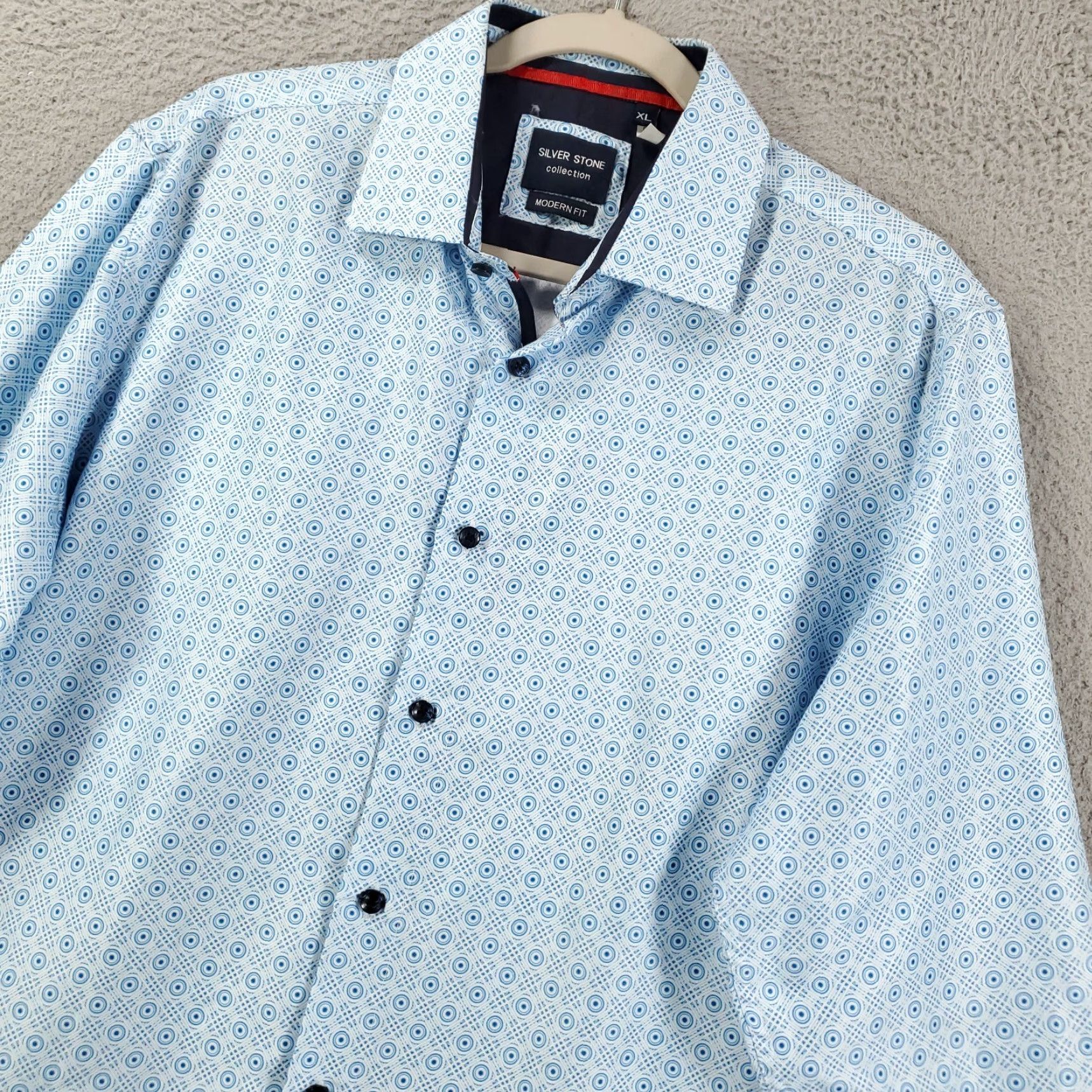 Vintage Silverstone Button-Up Shirt XL Mens Blue White Geometric Pattern Slim Modern Fit Casual Business Size US XL / EU 56 / 4 - 2 Thumbnail