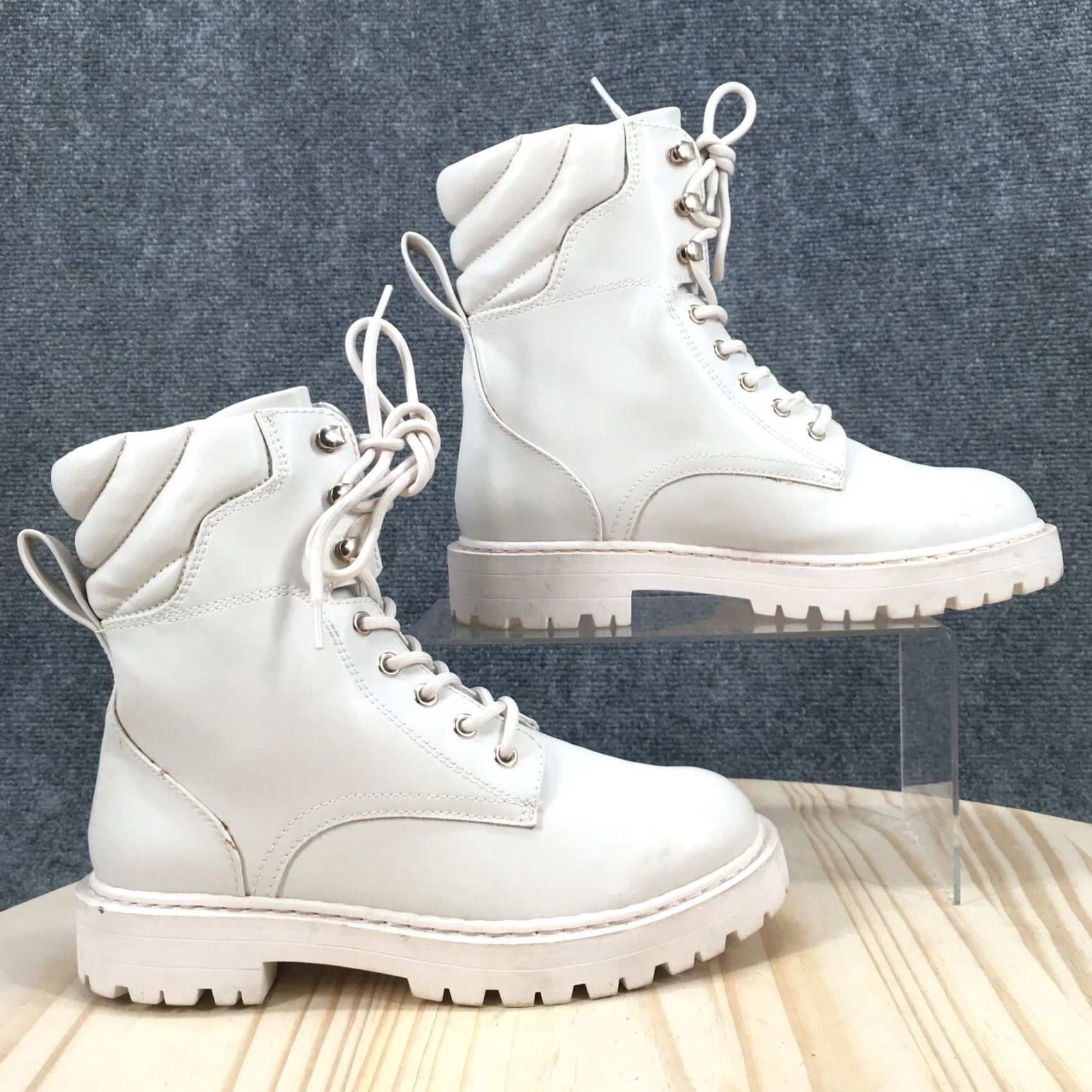 H&M H&M Boots Womens 36 Combat Lace Up Casual Ivory White Faux Leather Ankle Booties Size US 6 / IT 36 - 2 Thumbnail