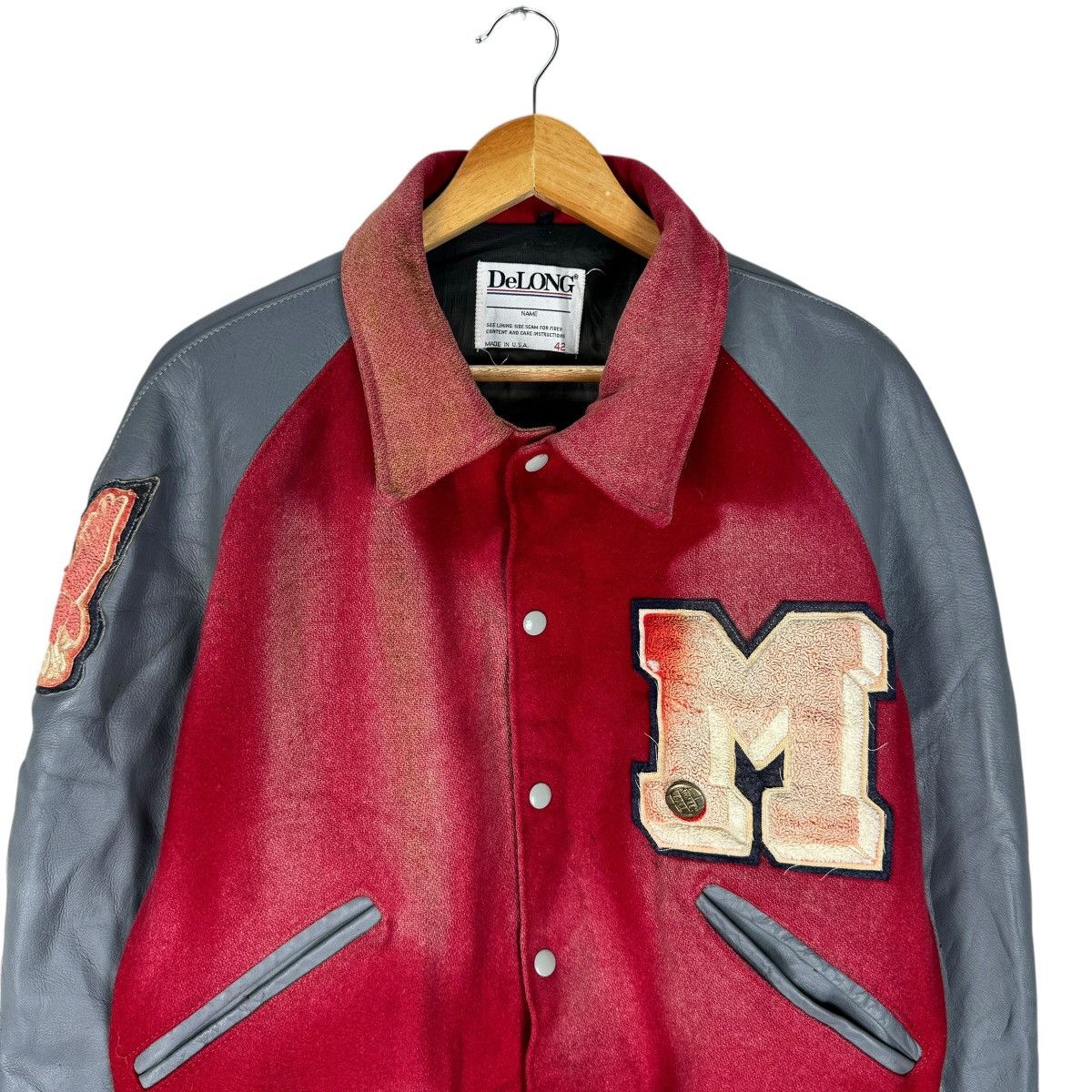 Delong 🌟DELONG SUN FADED LETTERMAN VARSITY LEATHER JACKET Size US M / EU 48-50 / 2 - 2 Thumbnail