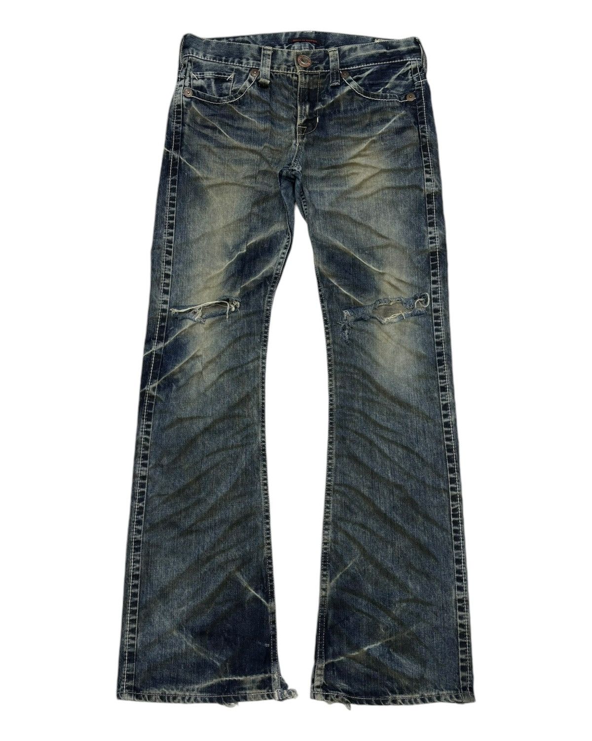 Hysteric Glamour 🔥HYSTERIC GLAMOUR STYLE BLUE WAY WHISKER FLARED JEANS RIP Size US 32 / EU 48 - 8 Thumbnail