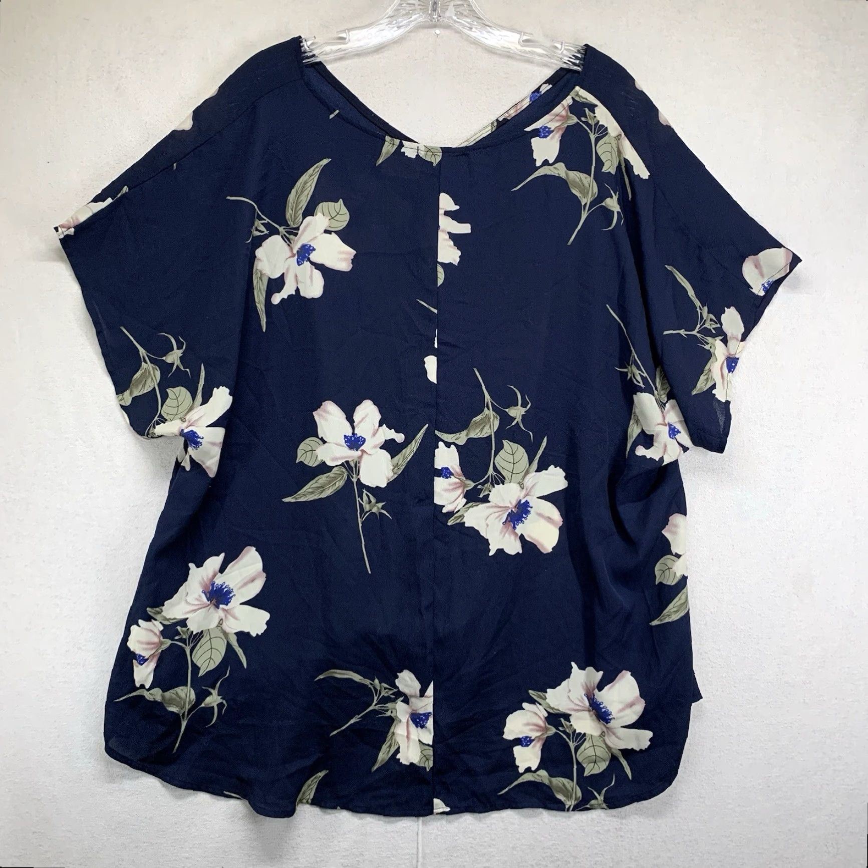 Vintage Women’s Blouse 2X Dark Blue Floral Tie Waist Sheer Lightweight Ivory Flowers Size XXL / US 16-18 / IT 52-54 - 2 Thumbnail