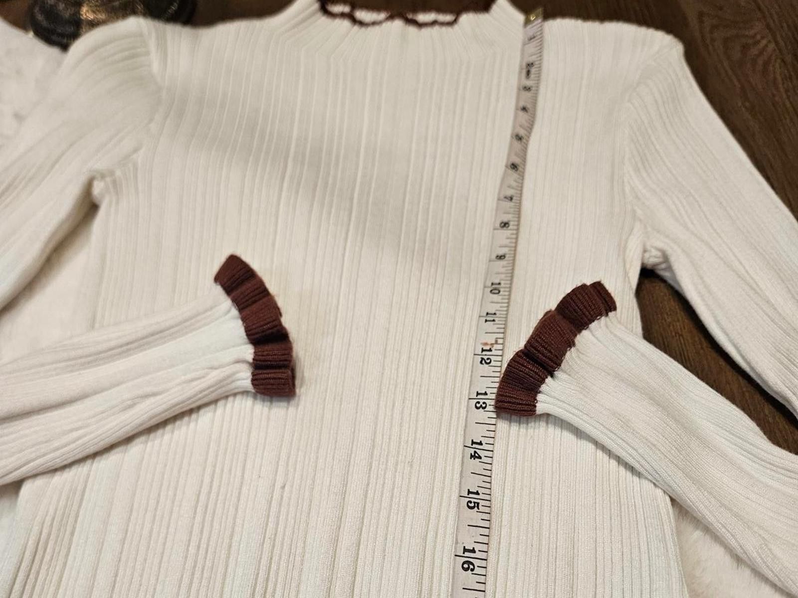Designer Molly Green White Ribbed Sweater with Brown Accents Size XS / US 0-2 / IT 36-38 - 6 Thumbnail