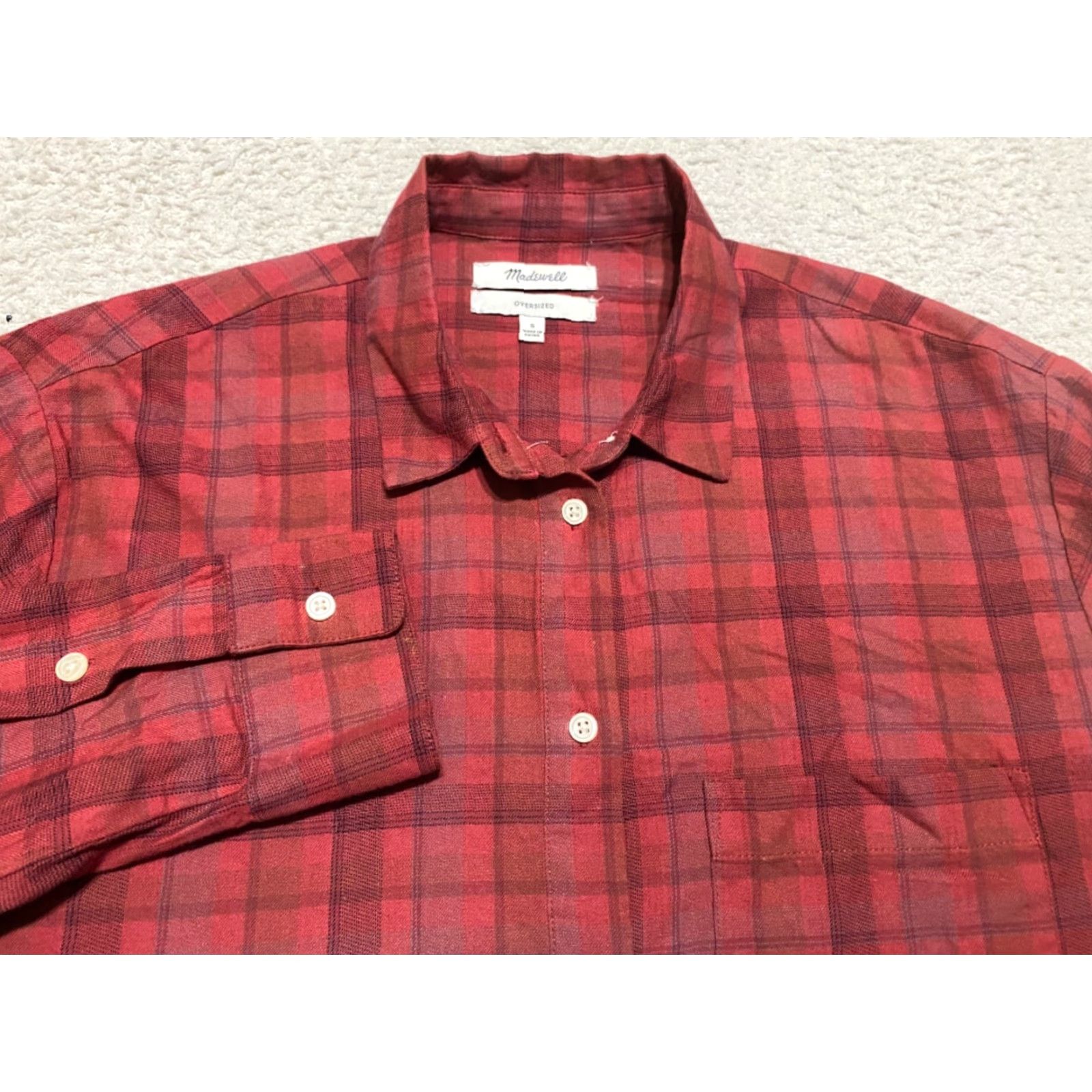 Madewell Madewell Shirt Womens Small Red Plaid Check Long Sleeve Oversized Button-Up Casual Blouse - Regular Fit, 100% Cotton, Fall Spring Summer Winter Size S / US 4 / IT 40 - 2 Thumbnail