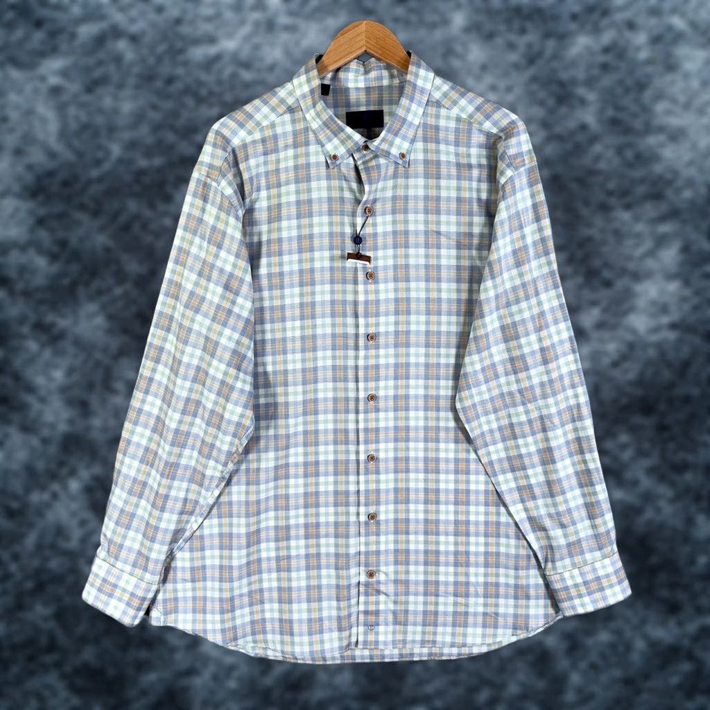 David Donahue David Donahue Sports Shirt Mens XXL Blue Tan Plaid Cotton Casual Button Up Size US XXL / EU 58 / 5 - 1 Thumbnail