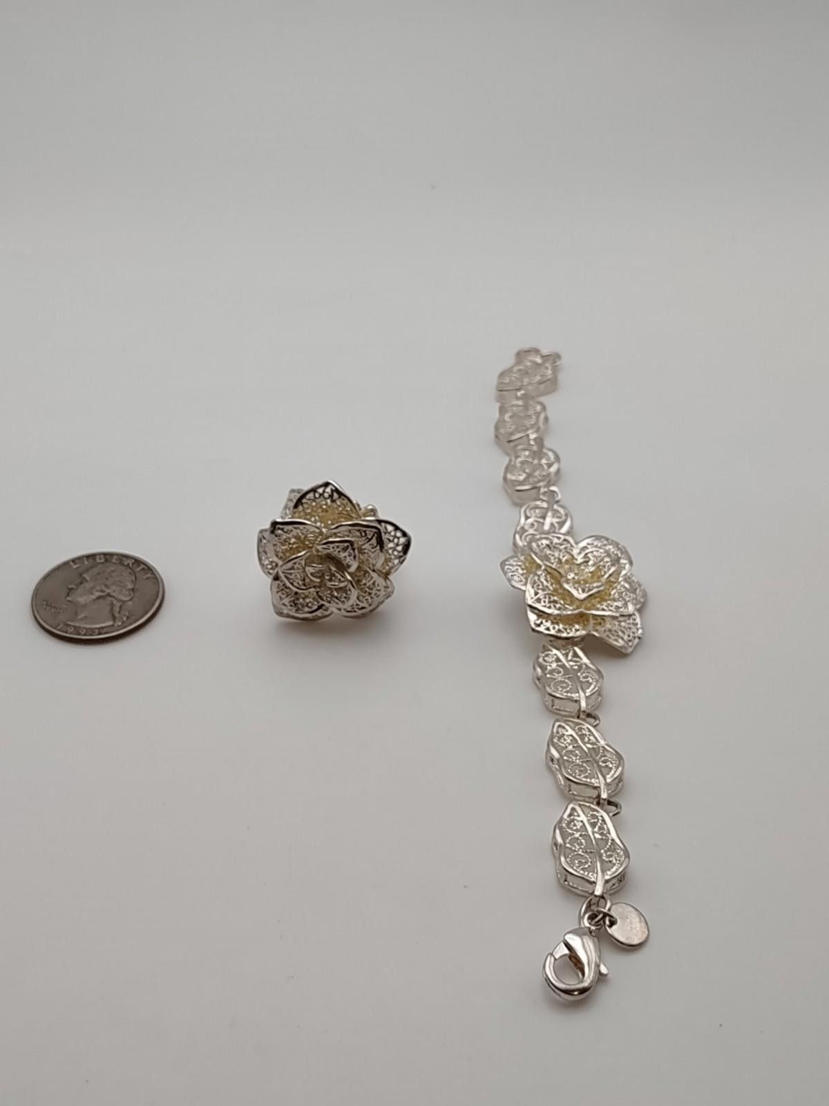 The Unbranded Brand Sterling Silver Rose Ring & Bracelet Set Floral Filigree Size ONE SIZE - 3 Thumbnail