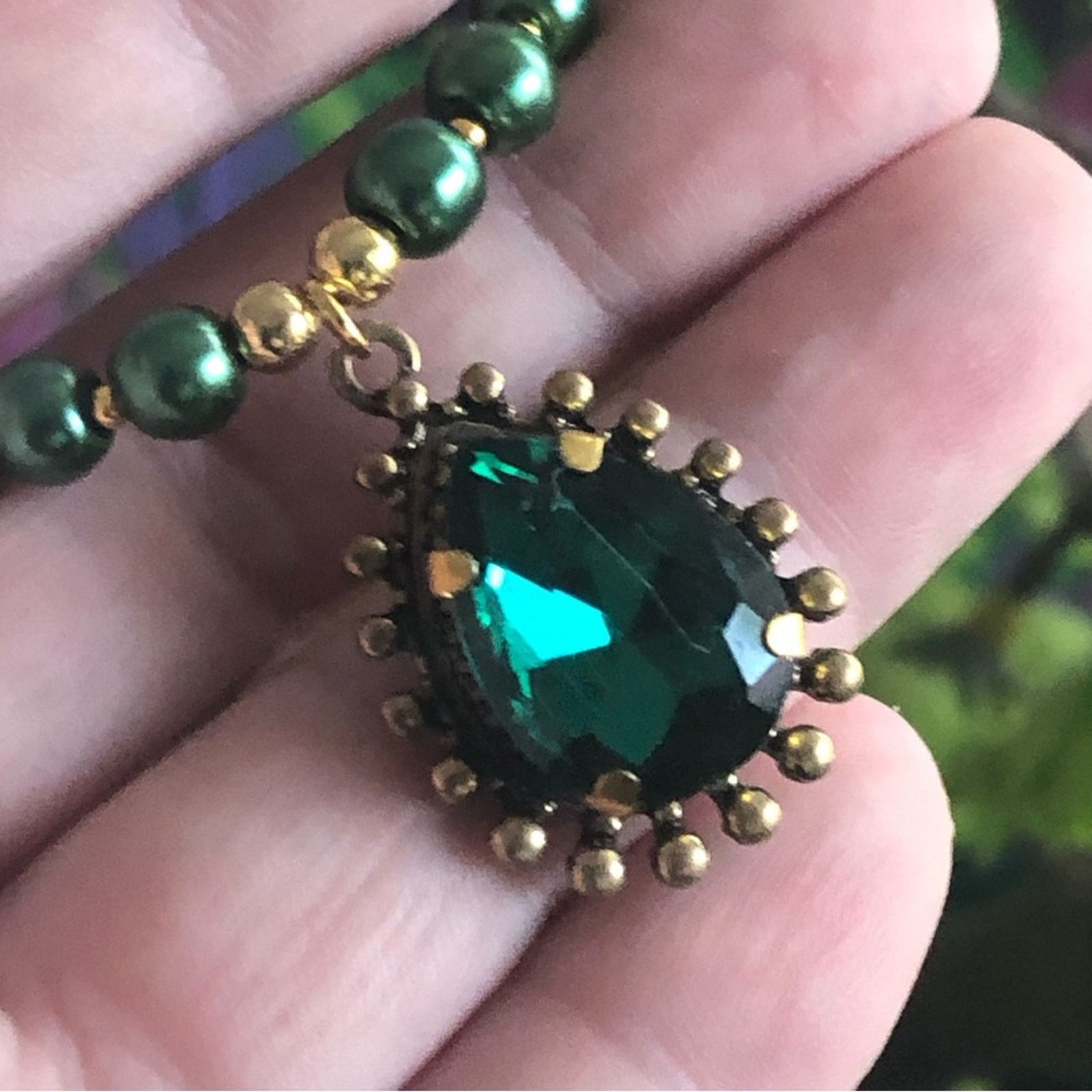Handmade Handcrafted repurpose teardrop emerald stone Pearl necklace Size ONE SIZE - 2 Thumbnail