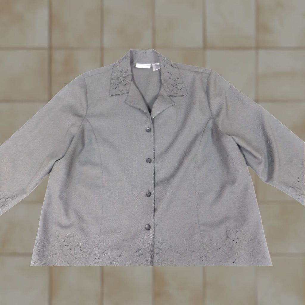 Vintage Alfred Dunner Blazer Womens Jacket 18 Gray Flower Lightweight Short Sleeve Button Mid-Length Regular Polyester Microfiber Fall Winter Size XXL / US 16-18 / IT 52-54 - 1 Thumbnail