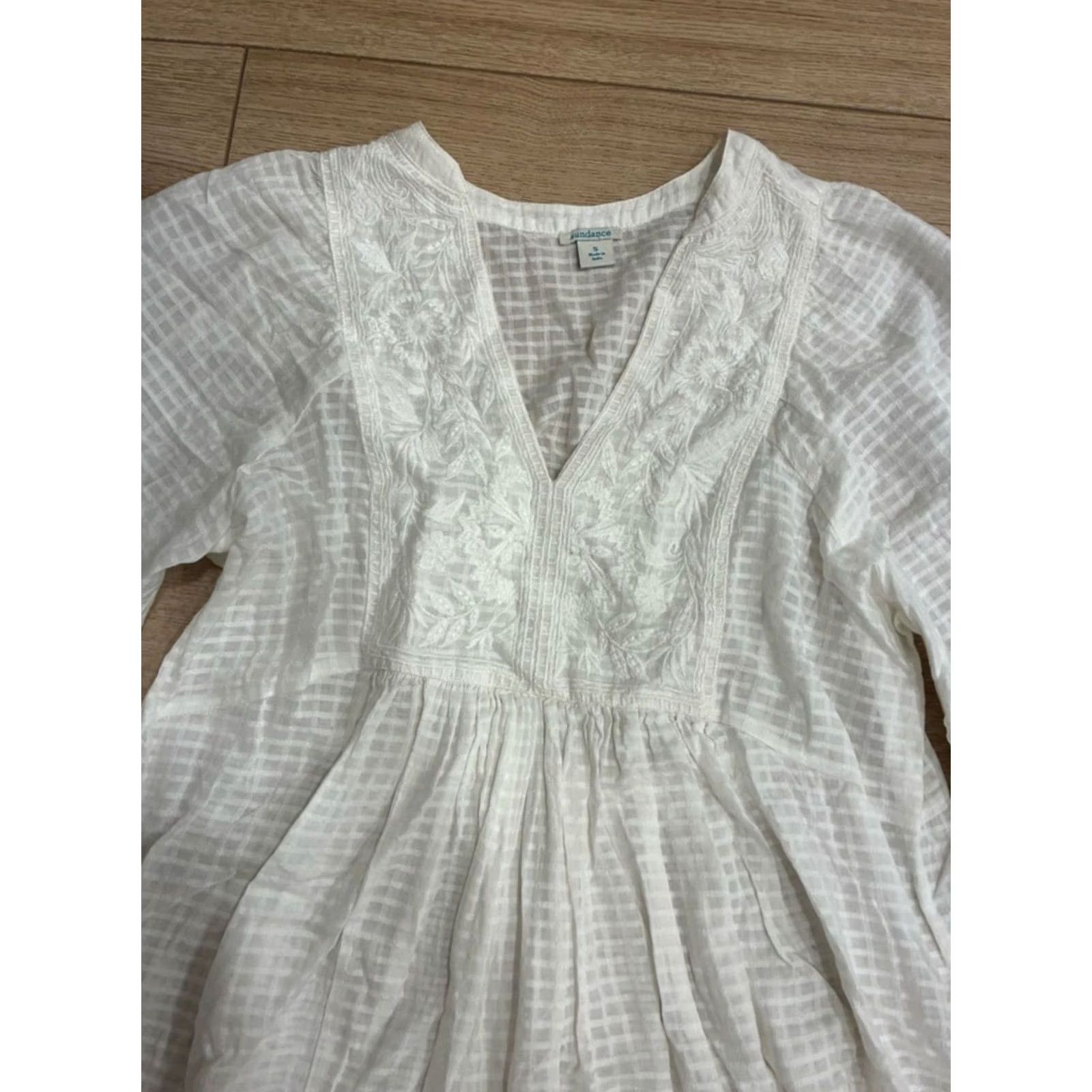 Vintage Sundance Sonata Easy Dress UNLINED Embroidered Cotton Dress Women S Midi White A-Line Regular Size S Size S / US 4 / IT 40 - 2 Thumbnail