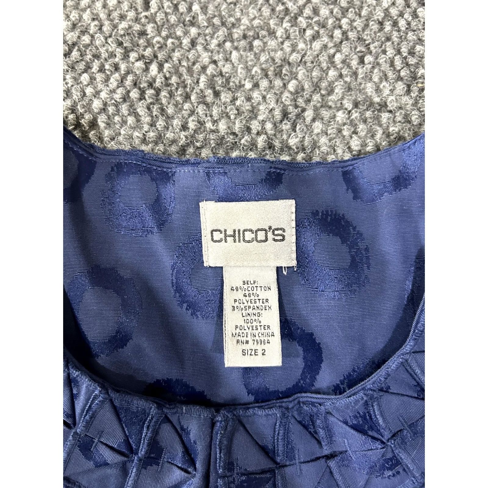 Vintage Chicos Jacket Womens 2 Blue Polka Dot Collarless Pleated Neck Lined Jacquard Size XS / US 0-2 / IT 36-38 - 3 Thumbnail