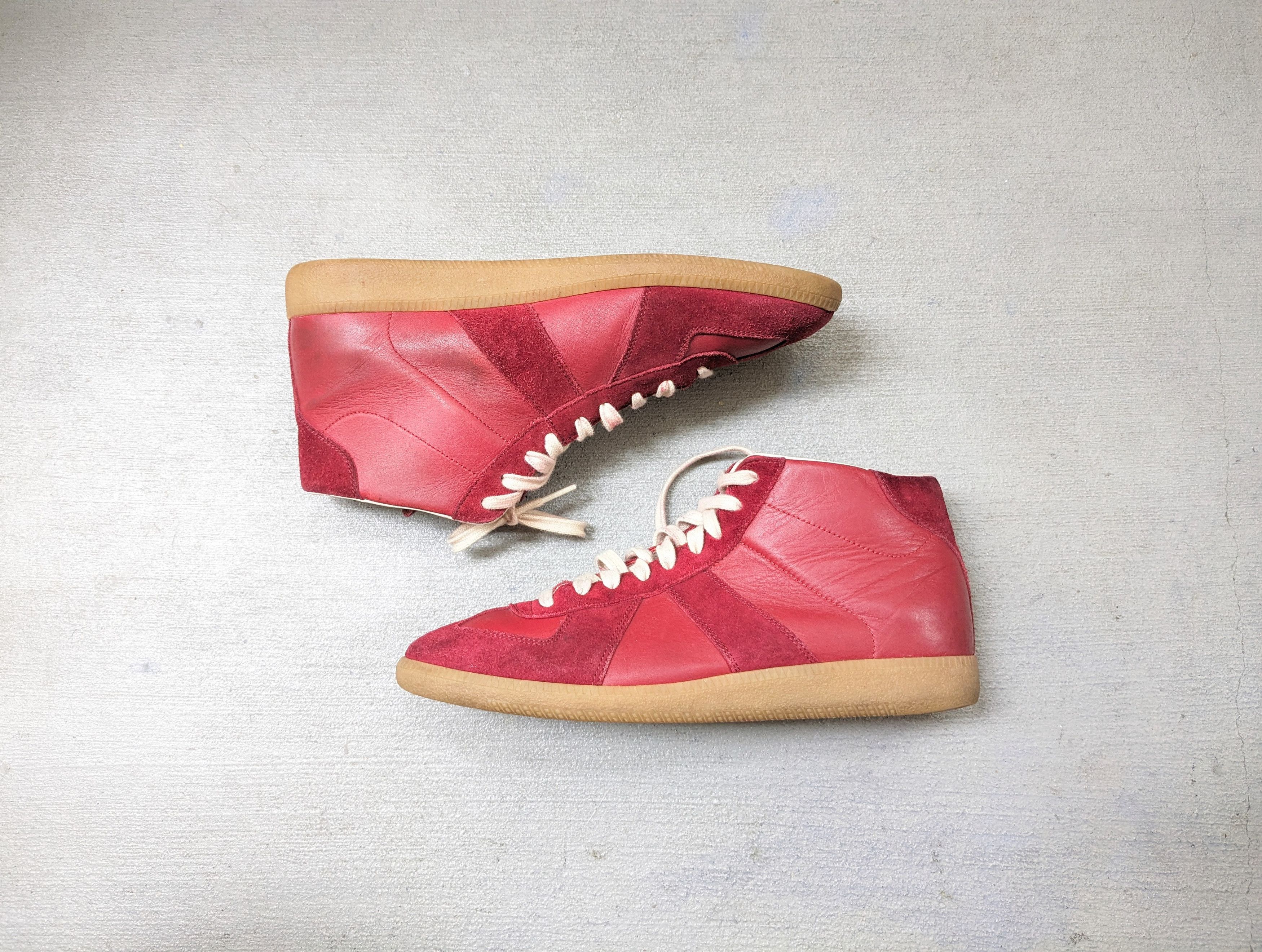 image of Maison Margiela Gat Replica Burgundy High Tops Suede Shoes in Burgundy Red, Men's (Size 9)