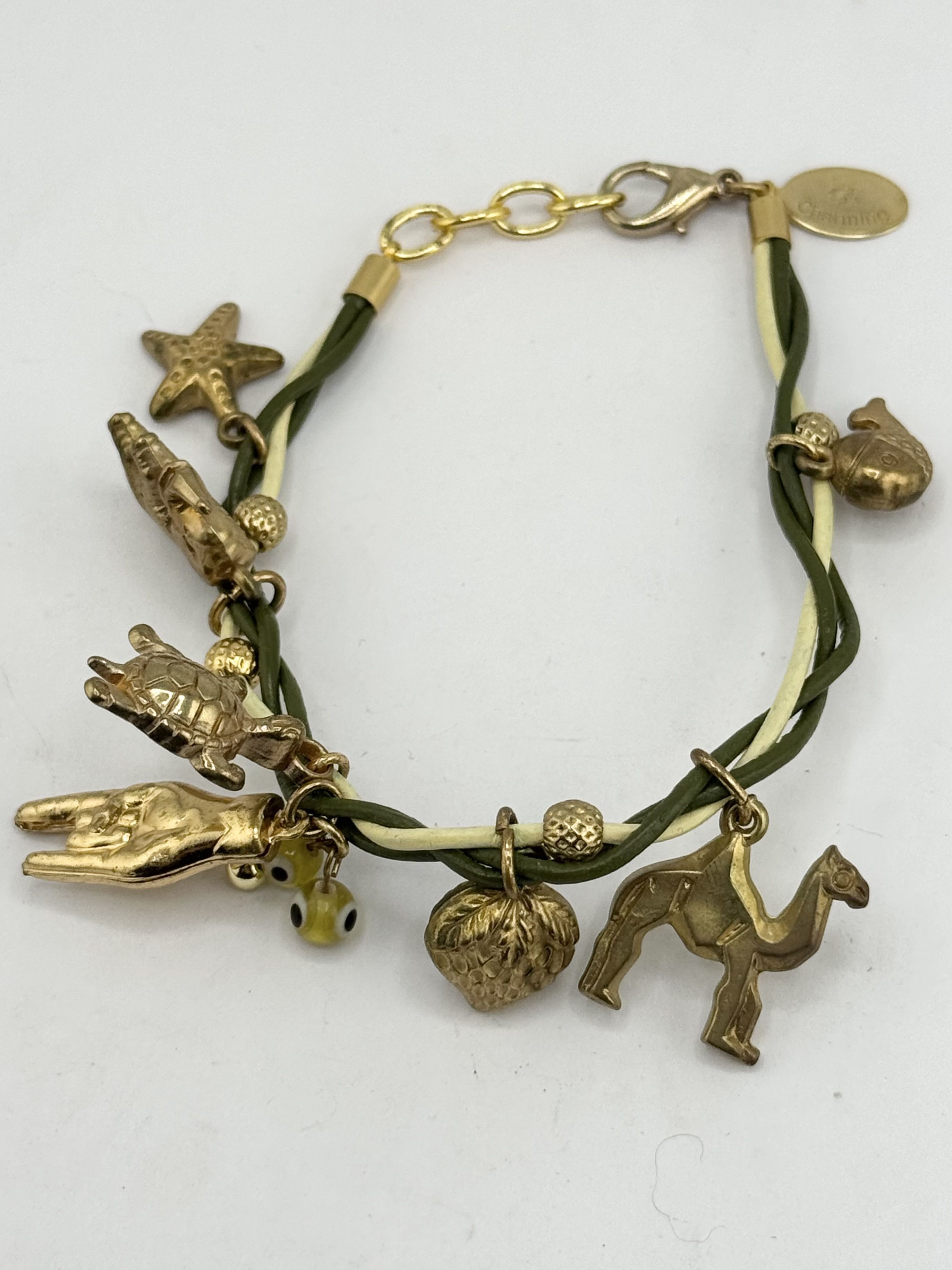 Vintage Green and yellow leather braided charm bracelet Size ONE SIZE - 2 Thumbnail