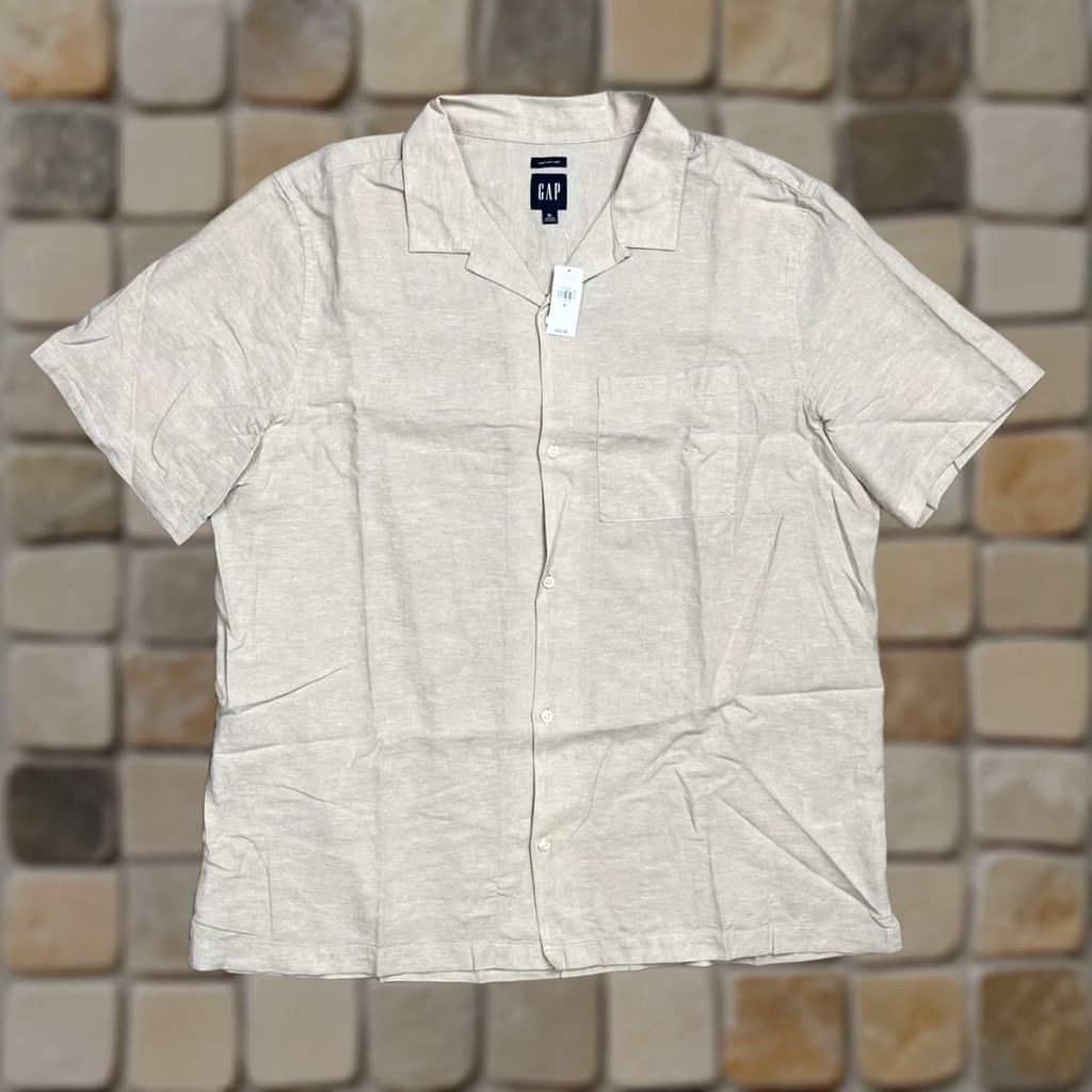 Gap NWT Gap Linen Camp Collar Beige Mens XL Short Sleeve Button Shirt Old Money Style Size US XL / EU 56 / 4 - 1 Thumbnail
