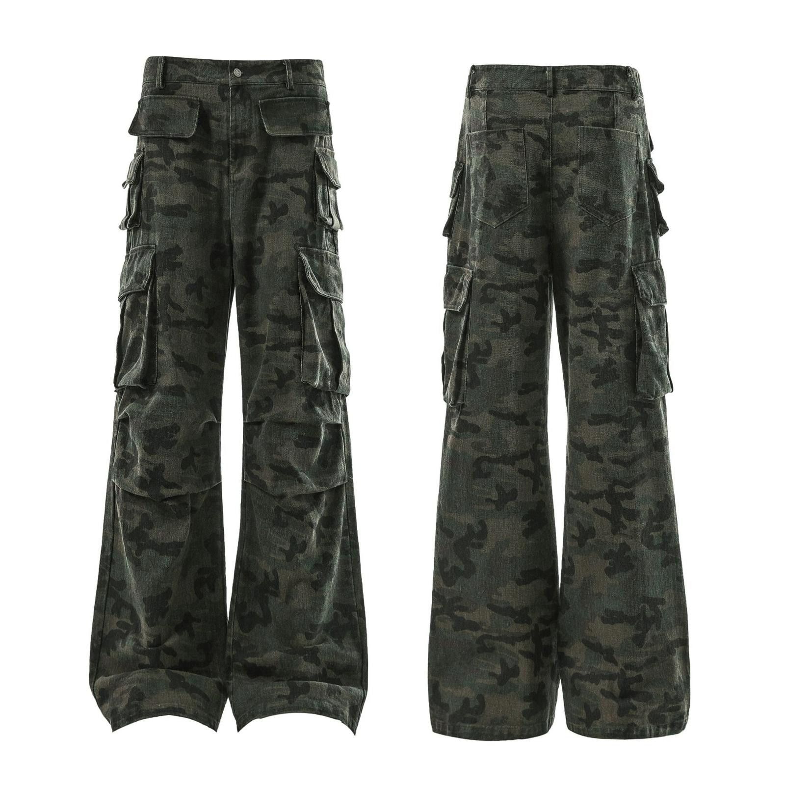 Japanese Brand Dark Green Camo Stacked Flared Cargo Pants, Wide Leg Pants Size US 32 / EU 48 - 4 Thumbnail