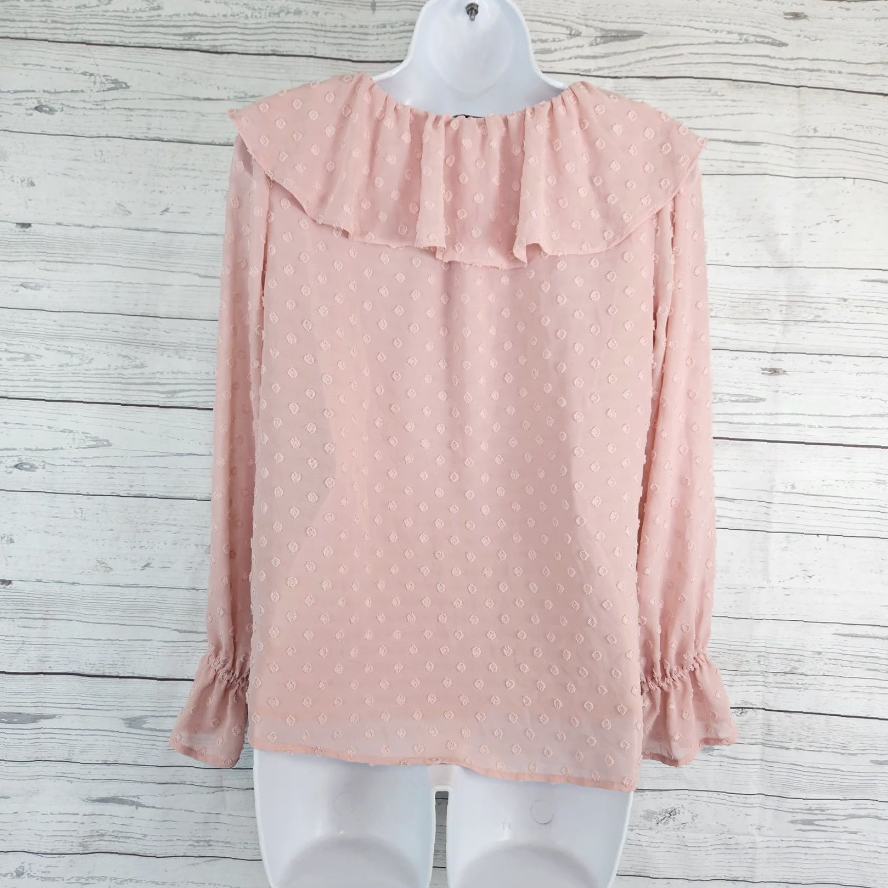 Loft Ann Taylor LOFT Womens Top Small Petite Pink Swiss Dot Long Sleeve Ruffle V-Neck Pullover Blouse PS Size S / US 4 / IT 40 - 3 Thumbnail