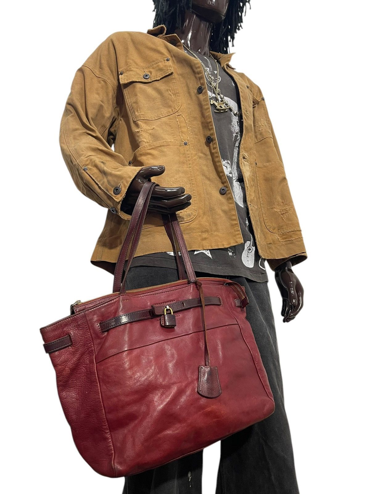 Genuine Leather Full Leather Genten Japan Tote Shoulder Bag 13 in Red, Men's