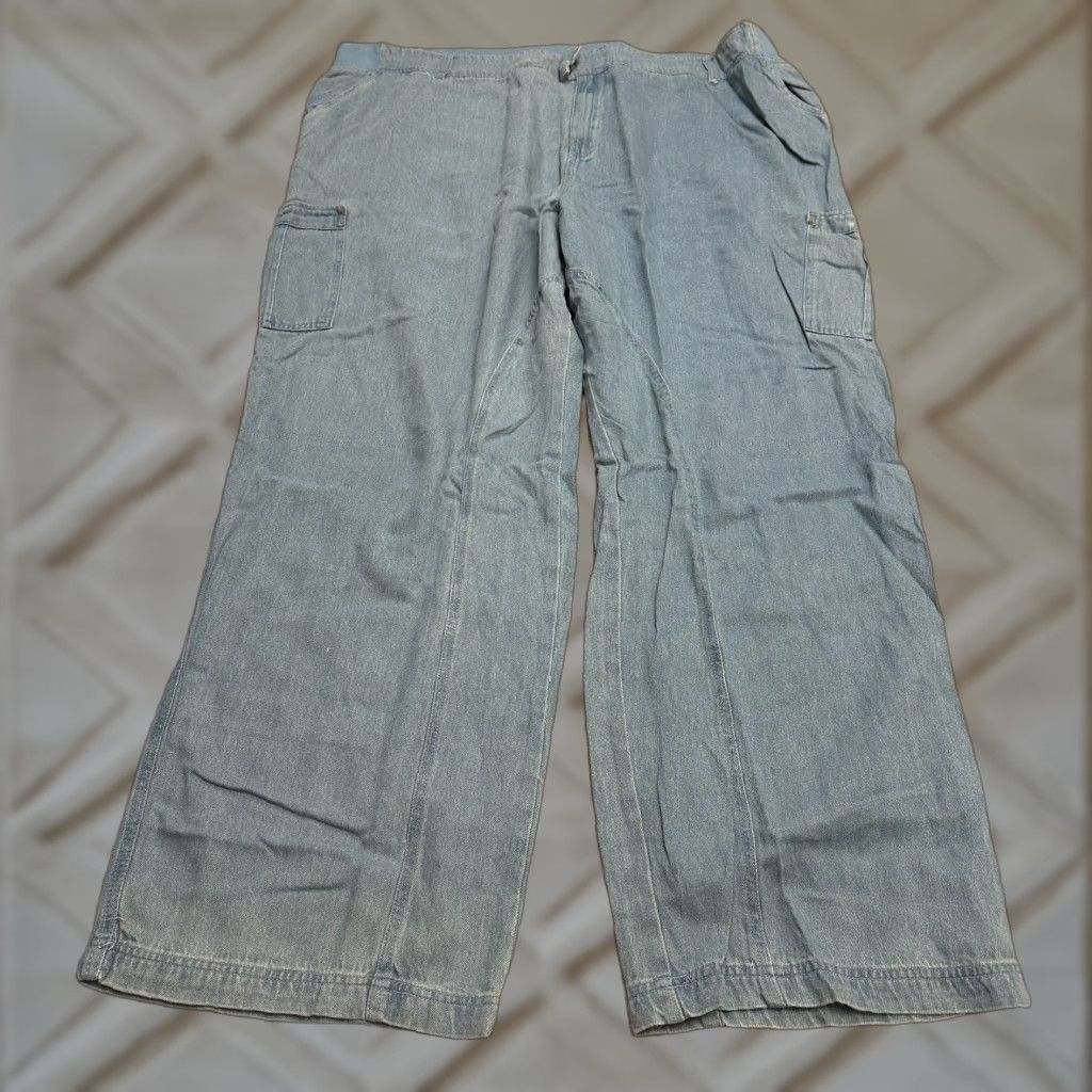 Vintage Woman Within Jeans Women 32 Tall Blue Cargo Wide-Leg Chambray Denim Button Elastic Waist High Rise Size 24" / US 00 / IT 34 - 1 Thumbnail