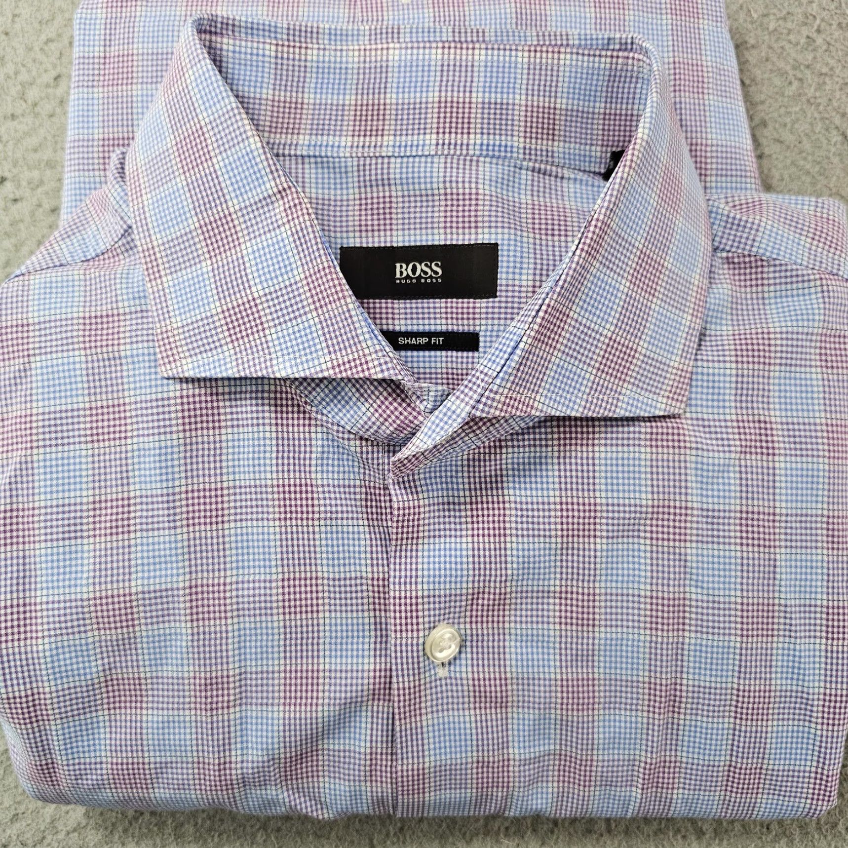 BOSS Hugo Boss Dress Shirt Mens 16 34/35 Blue Purple Plaid Sharp Fit Long  Sleeve