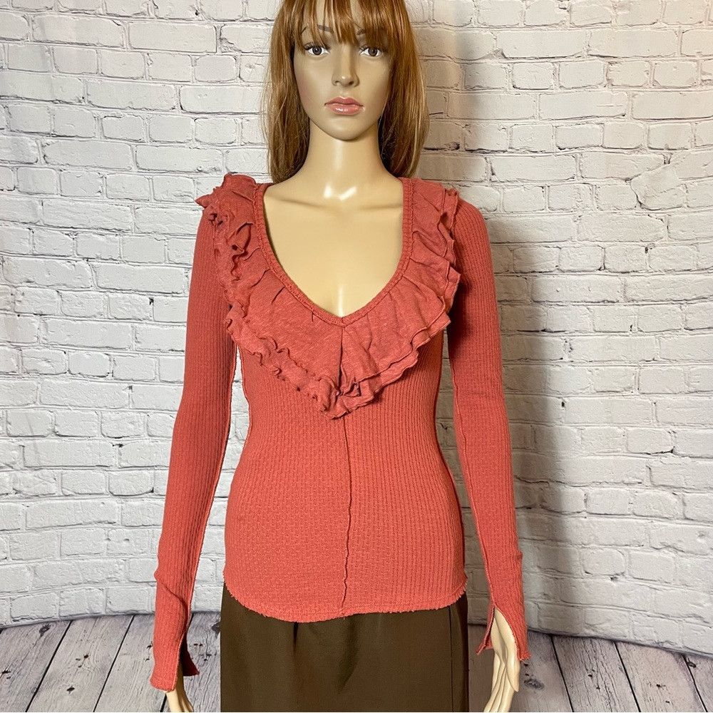Free People New Free People Bennet Ruffled Long Sleeve Terracotta Top S Size XS / US 0-2 / IT 36-38 - 3 Thumbnail