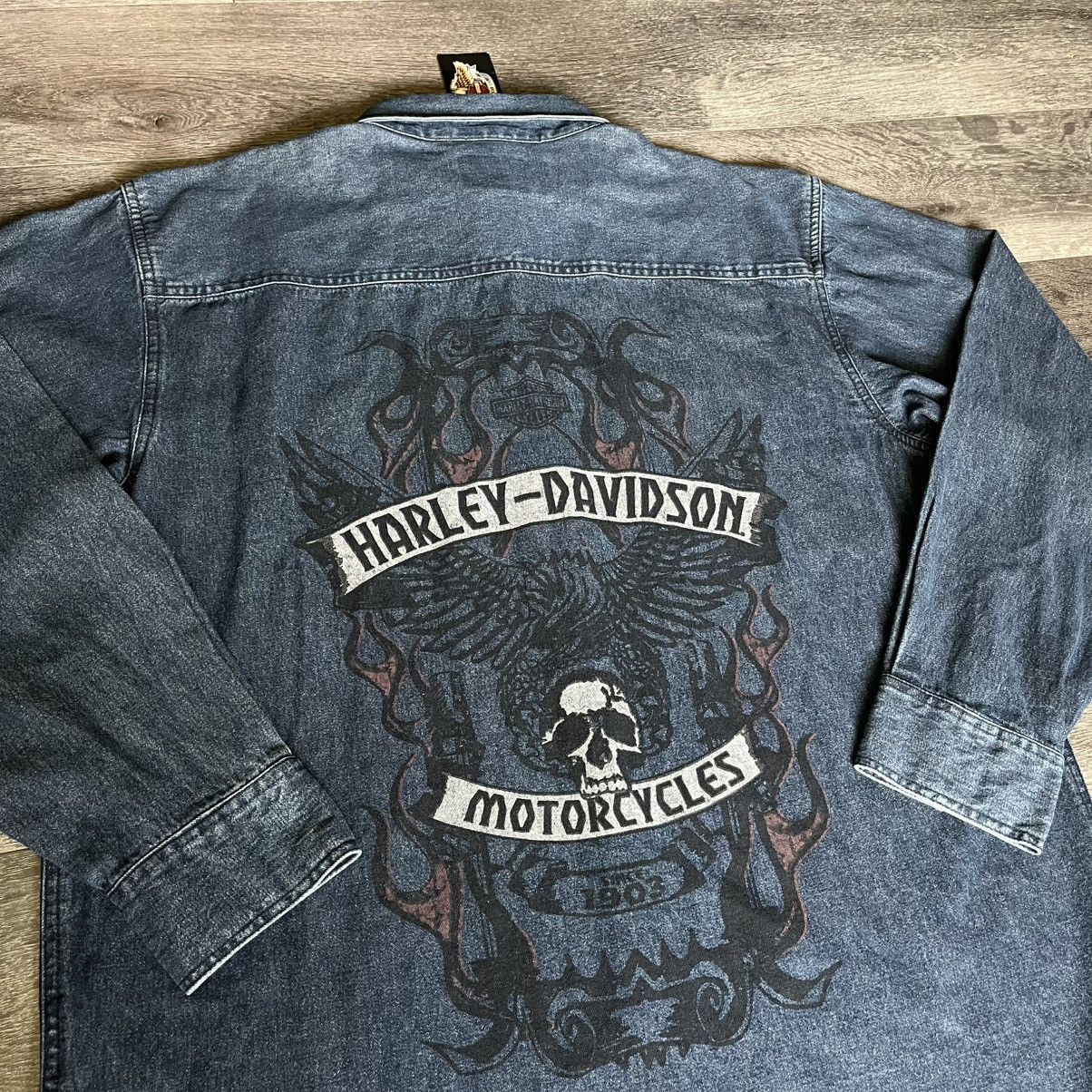 Harley Davidson × Vintage New Vintage Y2K Harley Davidson Flame Skull Denim Button Up Size US L / EU 52-54 / 3 - 3 Thumbnail