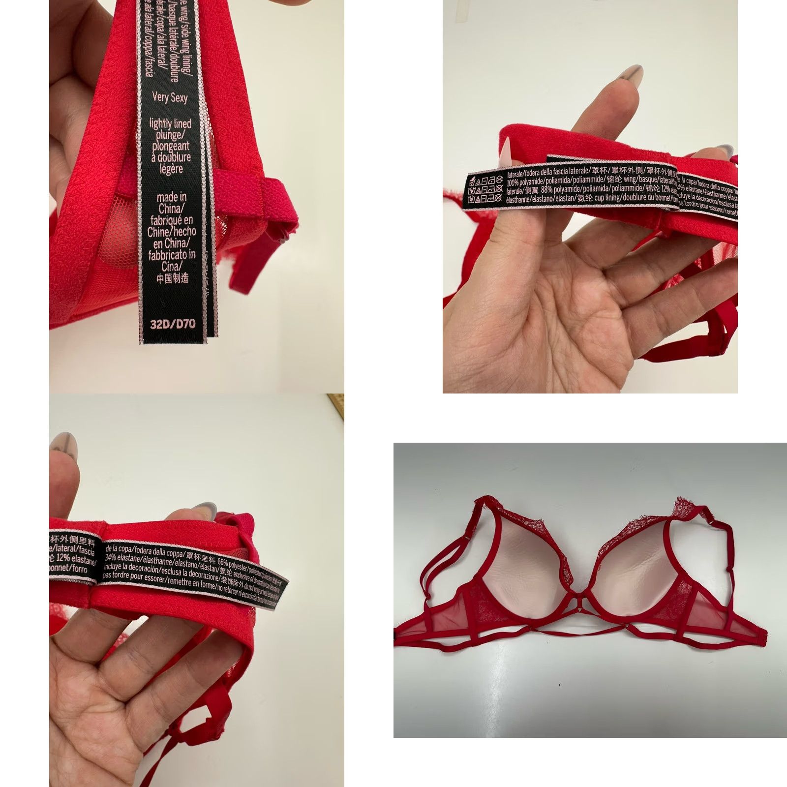 Victoria's Secret Victoria's Secret Bra 32D Very Sexy Lightly Lined Plunge Red Lacy Strappy Womens Cup D Push Up Size ONE SIZE - 8 Thumbnail