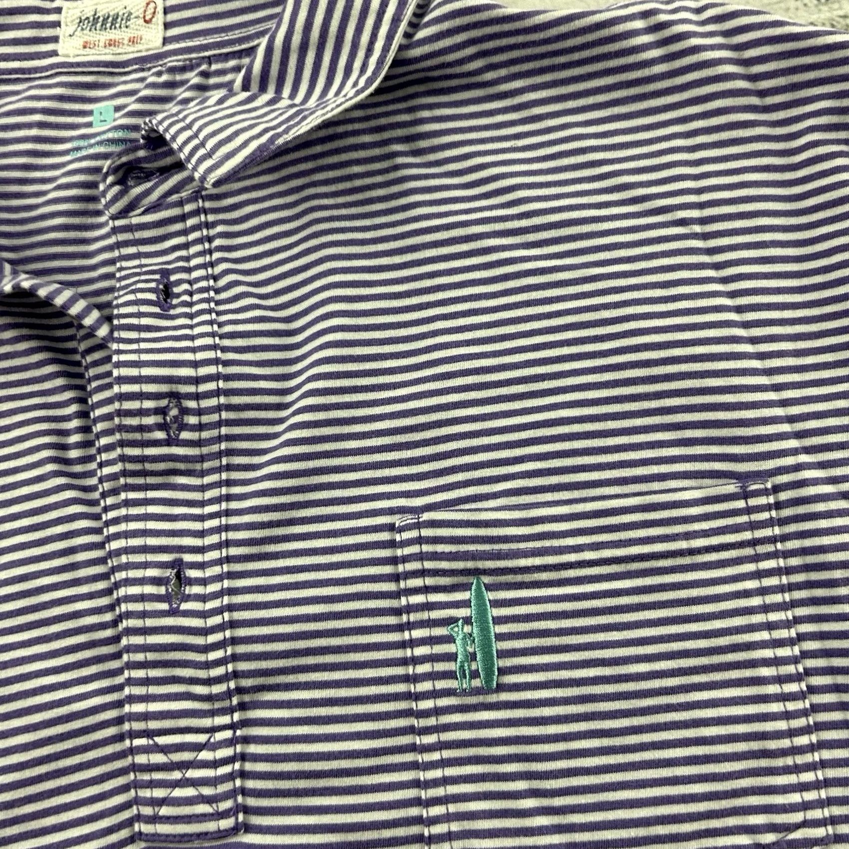 johnnie-O Johnnie-O Striped Short Sleeve Button Front Pocket Polo Shirt Men's Large Purple Size US L / EU 52-54 / 3 - 3 Thumbnail