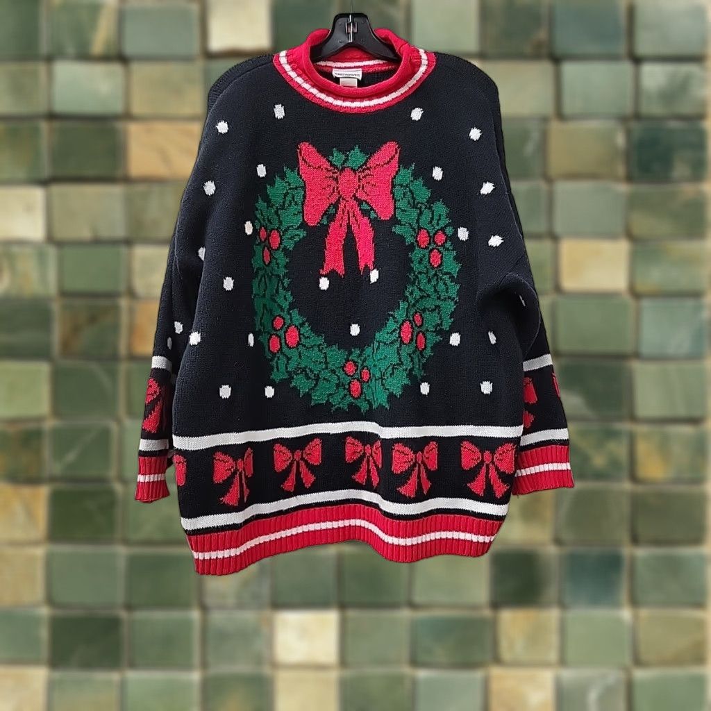 Vintage VINTAGE Knitwaves Ugly Christmas Sweater womens XL-2XL Pullover Long Sleeve Mock Neck Christmas 27 Chest 25 Length Black Red Green White Womens Size XL / US 12-14 / IT 48-50 - 1 Thumbnail