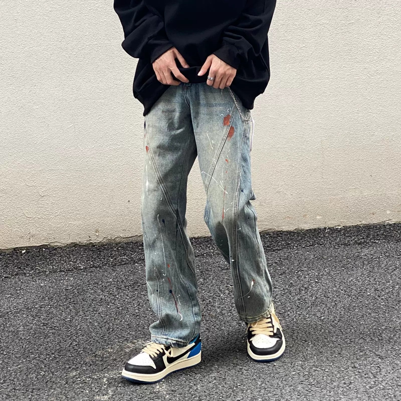 Vintage Retro distressed loose stitching hip-hop ink-splashed jeans Size US 32 / EU 48 - 2 Thumbnail