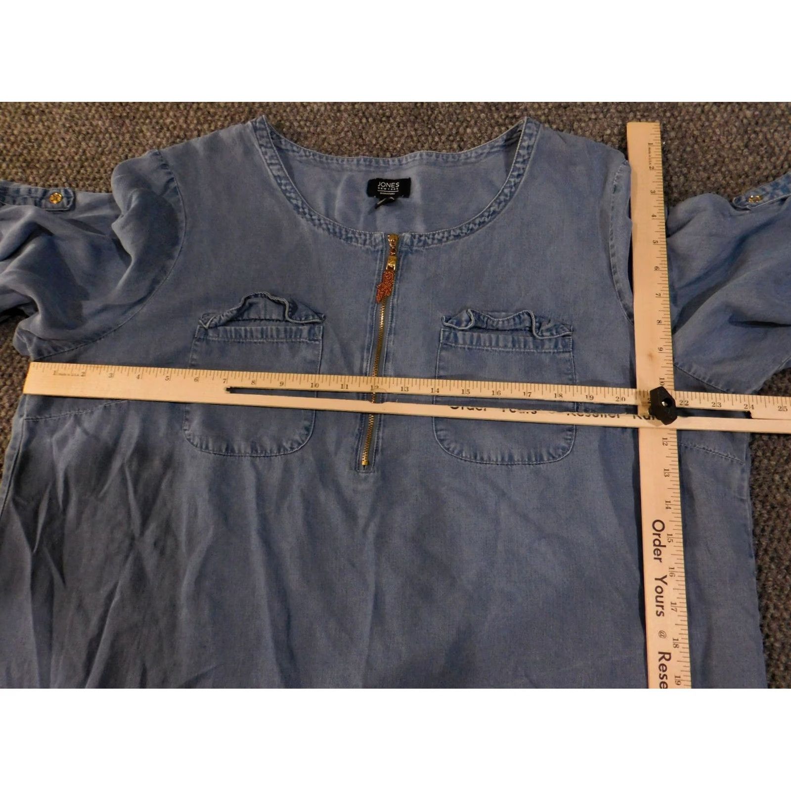 Jones New York Jones New York blouse Womens XL blue denim zip pocket Cap Sleeve V-Neck 3/4 Sleeve Regular Stretch Pockets Classic Size XL / US 12-14 / IT 48-50 - 7 Thumbnail