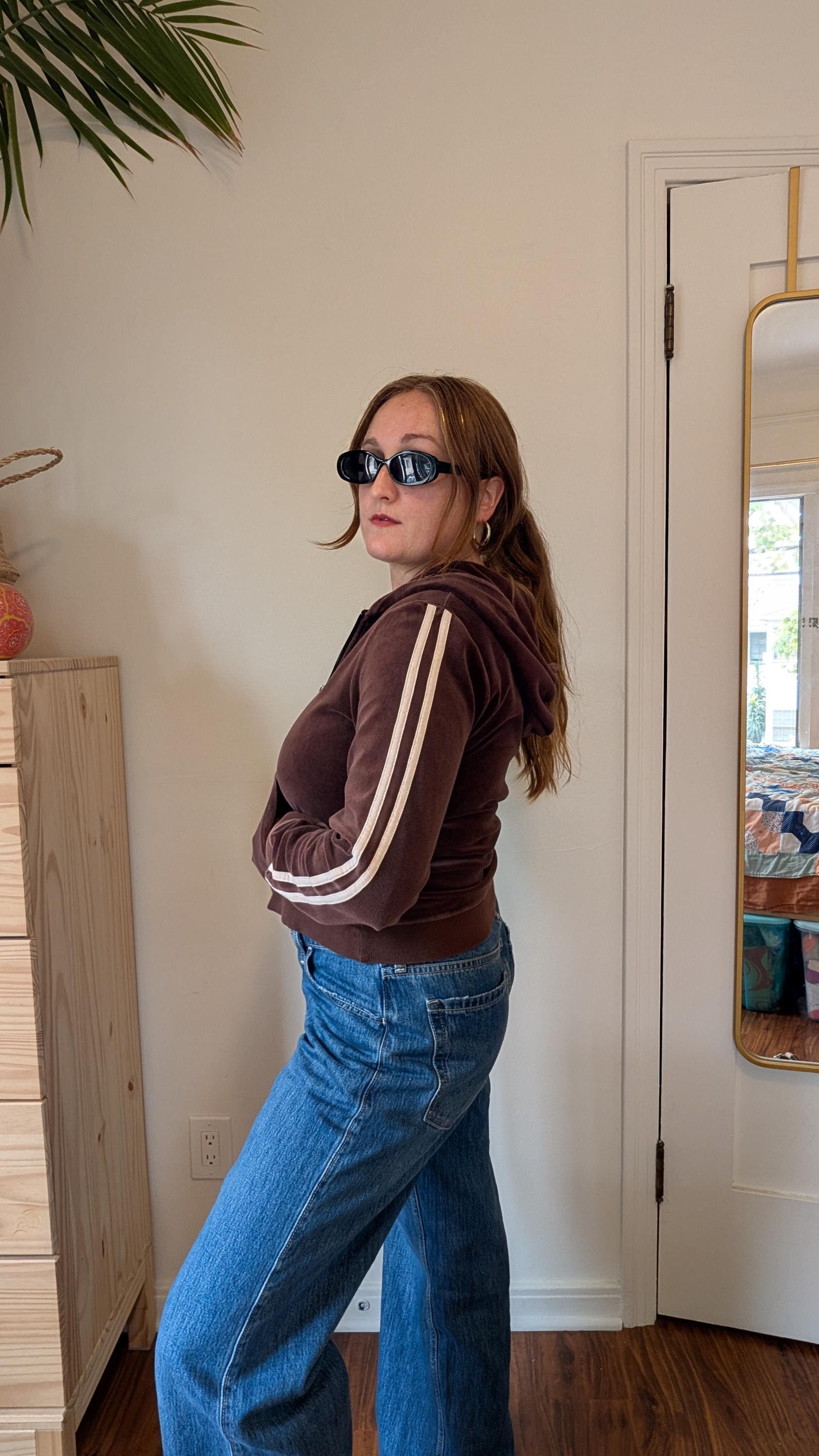 Vintage Vintage 90s/Y2K Brown Velour Hoodie, Juicy-Style Crop Stripe Size L / US 10 / IT 46 - 2 Thumbnail
