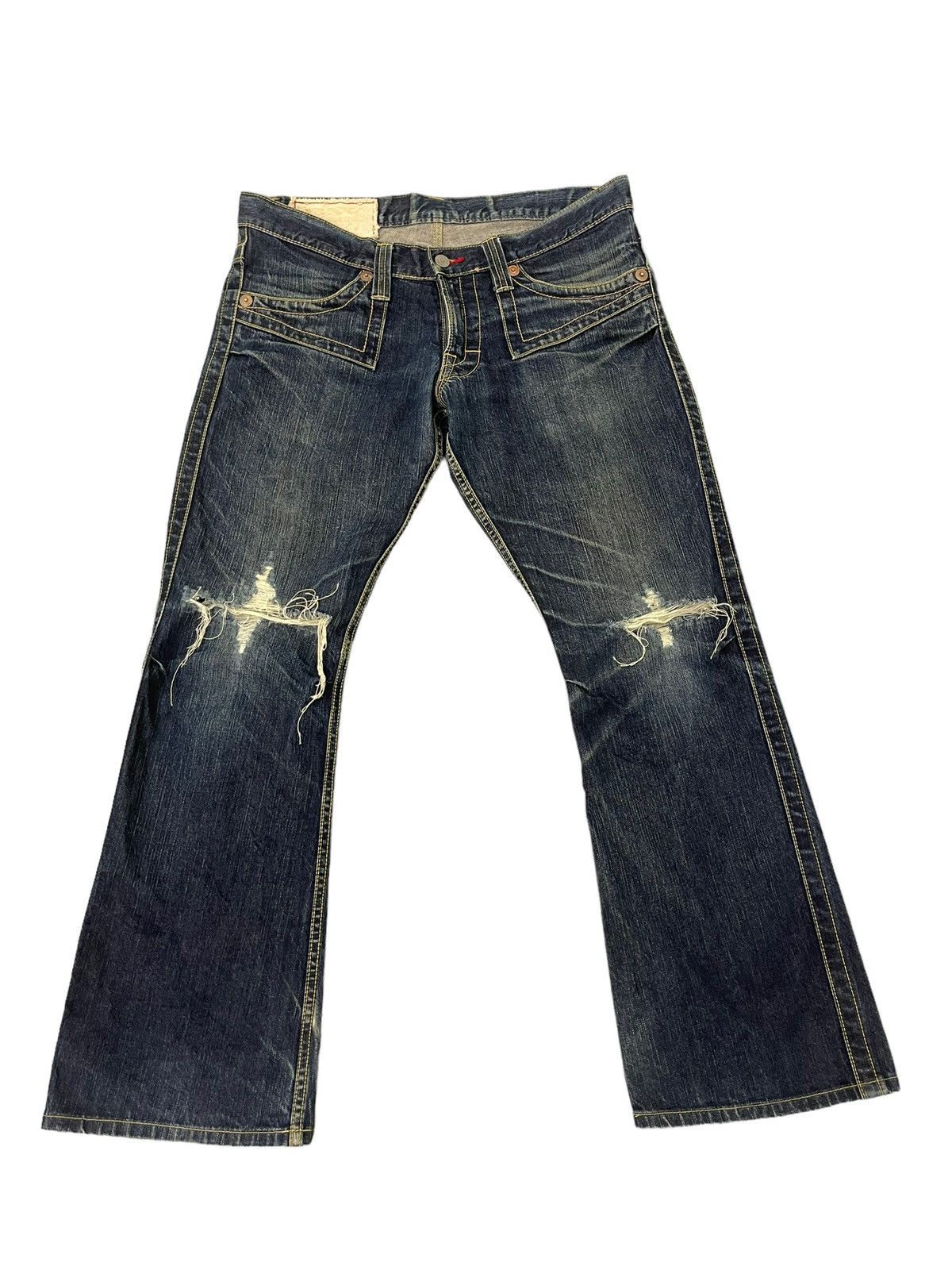 Japanese Brand Flare Jeans Blue Way Japan Faded Distress Low Rise 8🟦3 Size US 35 - 2 Thumbnail