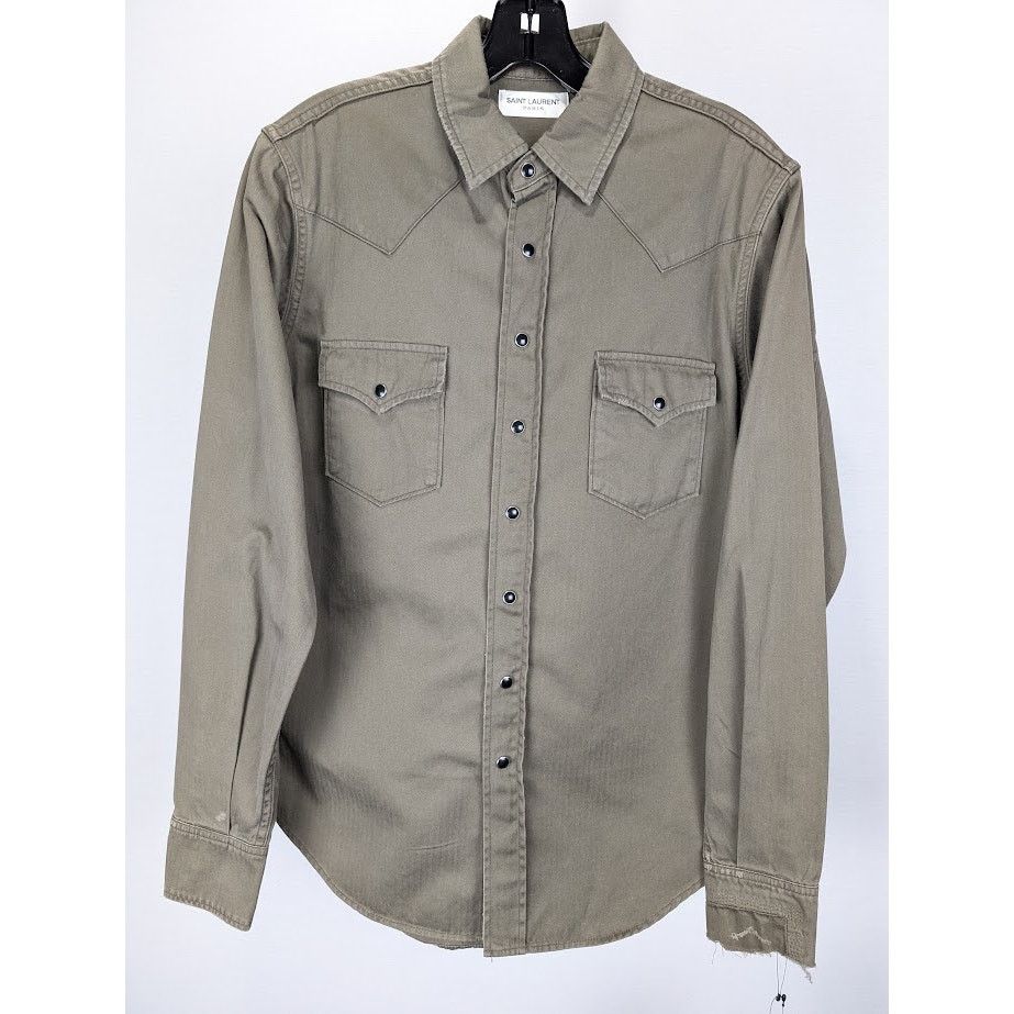 Saint Laurent Paris o1rshd1 Classic Western Shirt in Khaki Stonewash Size US M / EU 48-50 / 2 - 2 Thumbnail