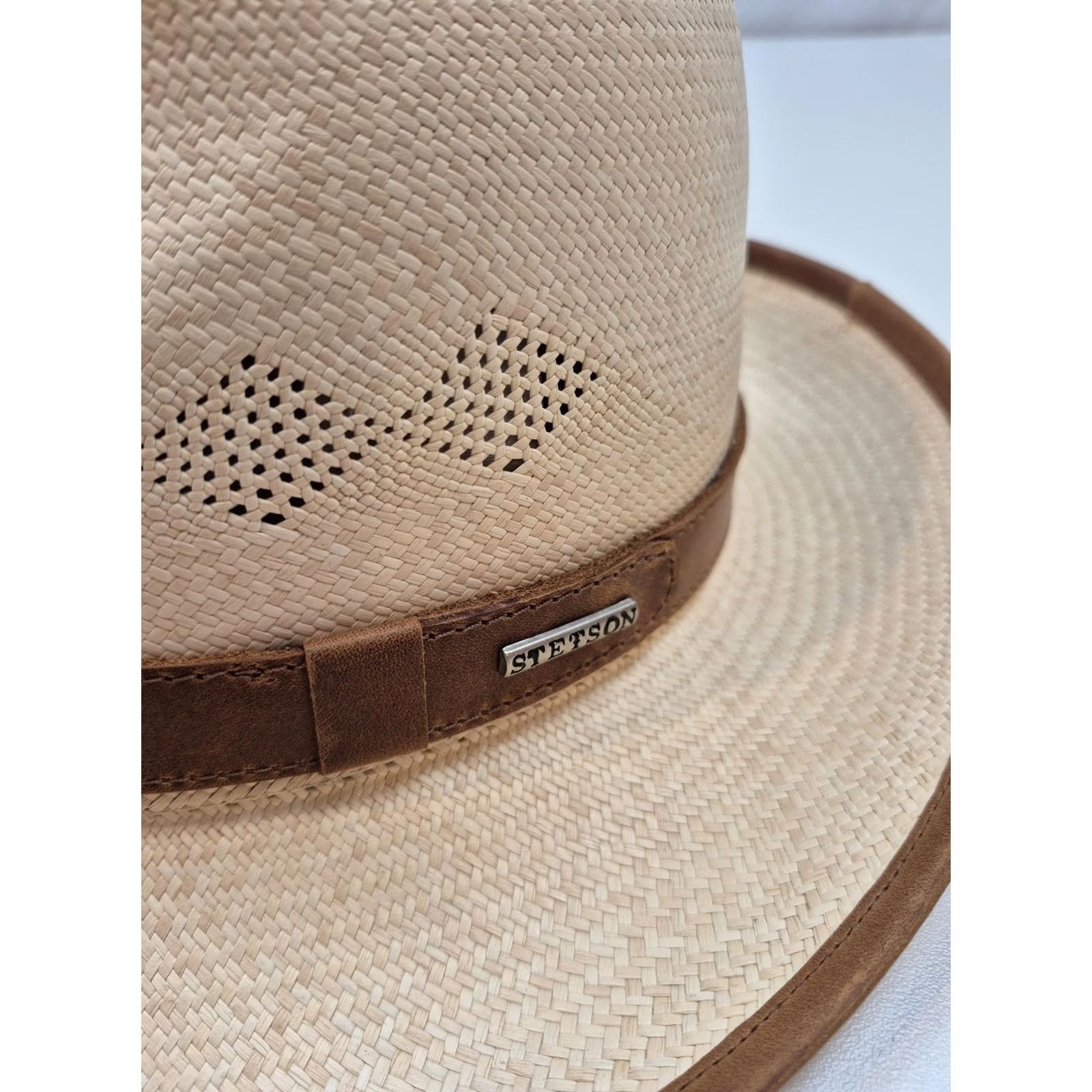 Stetson Stetson Hat Panama Mens One Size Beige Straw Leather Trim Lined Wide Brim Size ONE SIZE - 2 Thumbnail