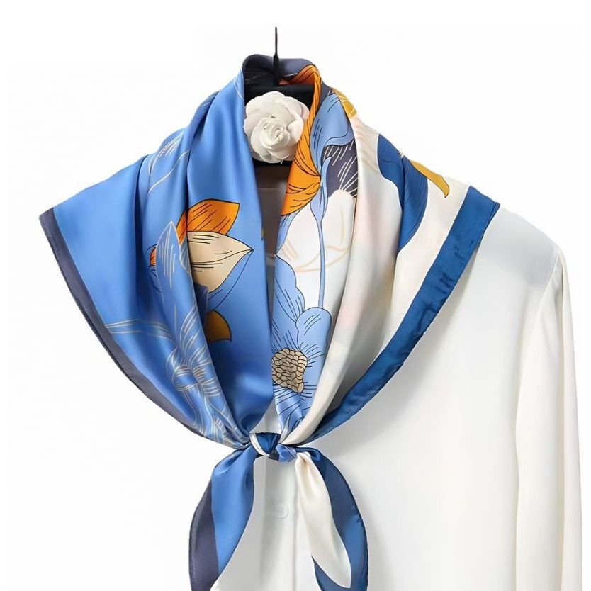 Other Elegant Bandana Floral Silky Square Scarf Luxurious BLUE ORA Size ONE SIZE - 4 Thumbnail