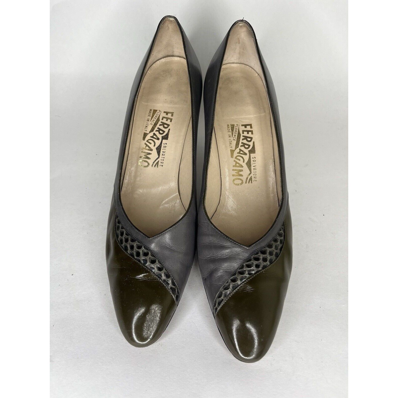 Salvatore Ferragamo Salvatore Ferragamo Gray Leather Green Dress Heels Women’s S Size US 10 / IT 40 - 14 Thumbnail