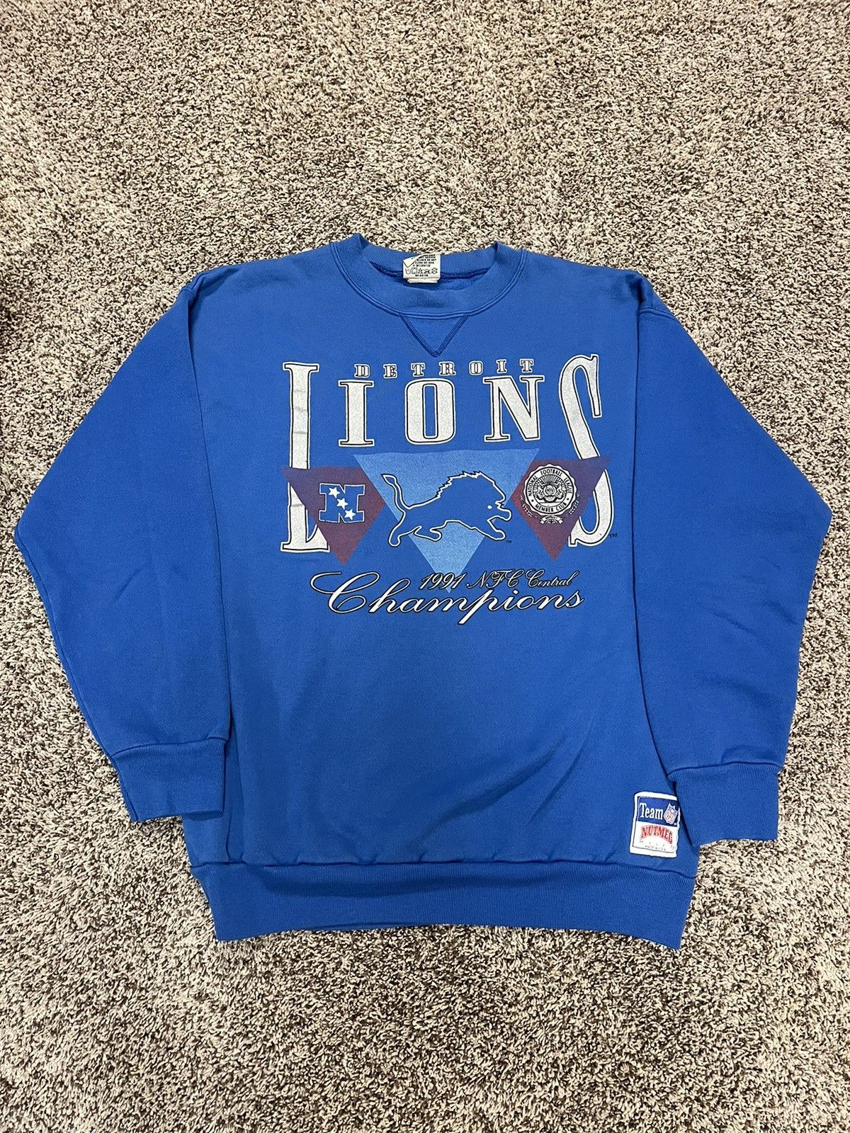 image of Nutmeg 1991 Nfc Central Champions Detroit Lions Crewneck in Blue, Men's (Size XL)