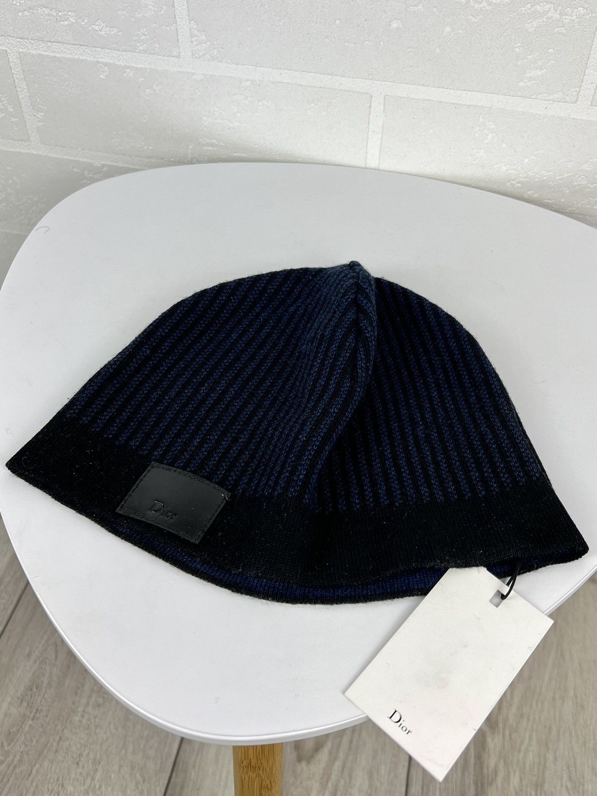 Dior DIOR Hat Wool 100% Leather Patch Logo Striped Black/Blue Men Size ONE SIZE - 3 Thumbnail