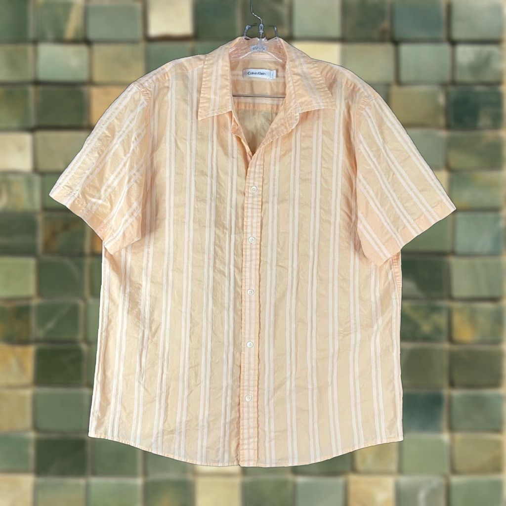 Calvin Klein VINTAGE Calvin Klein Shirt L Orange Stripe Button-Up Short Sleeve Men’s L Size US 33 - 1 Thumbnail
